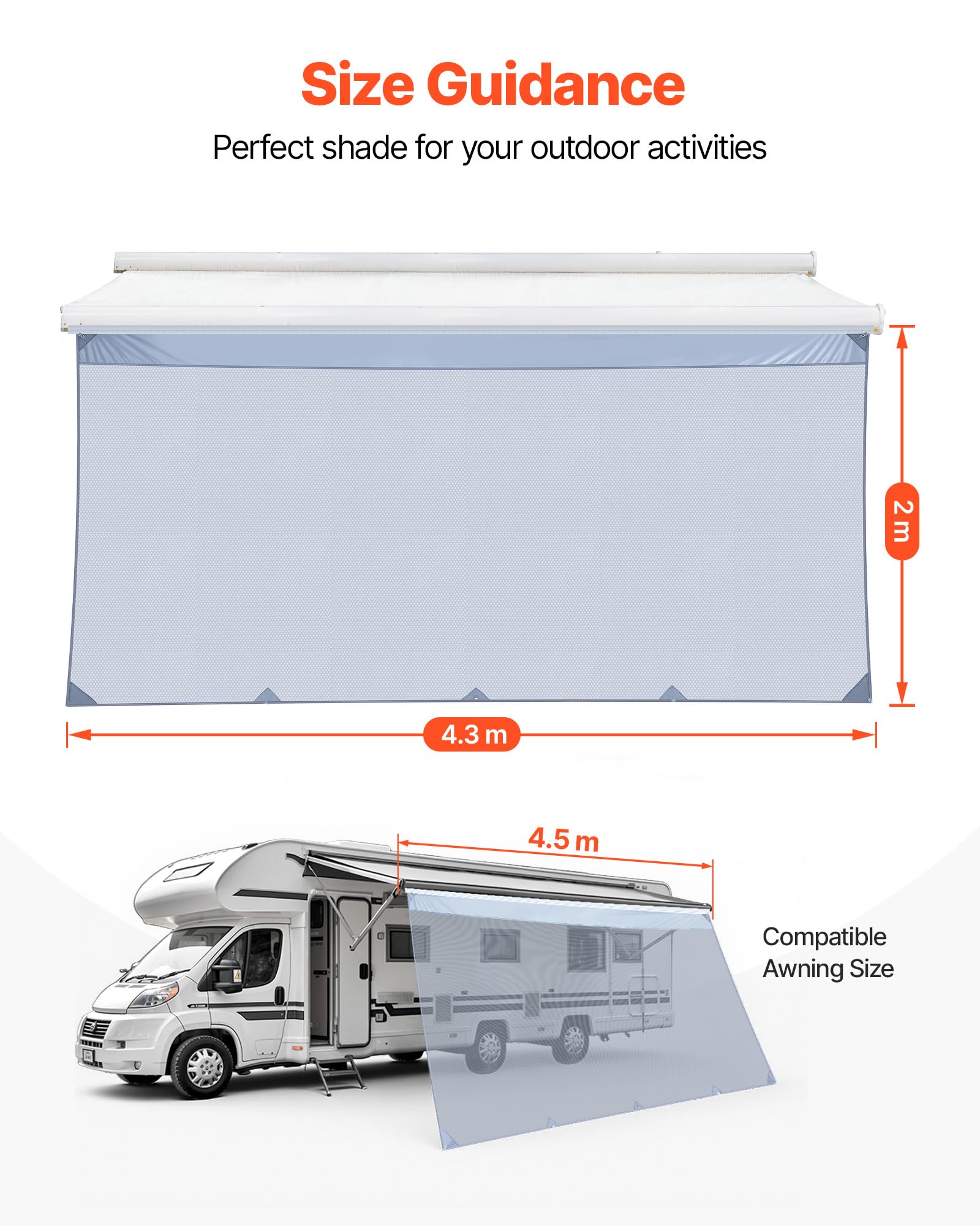 VEVOR Pannello Laterale Frangisole in Poliestere Trasparente Parete Frontale per Camper Roulotte 2x4,3m Compatibile per Tenda da Sole 4,5m