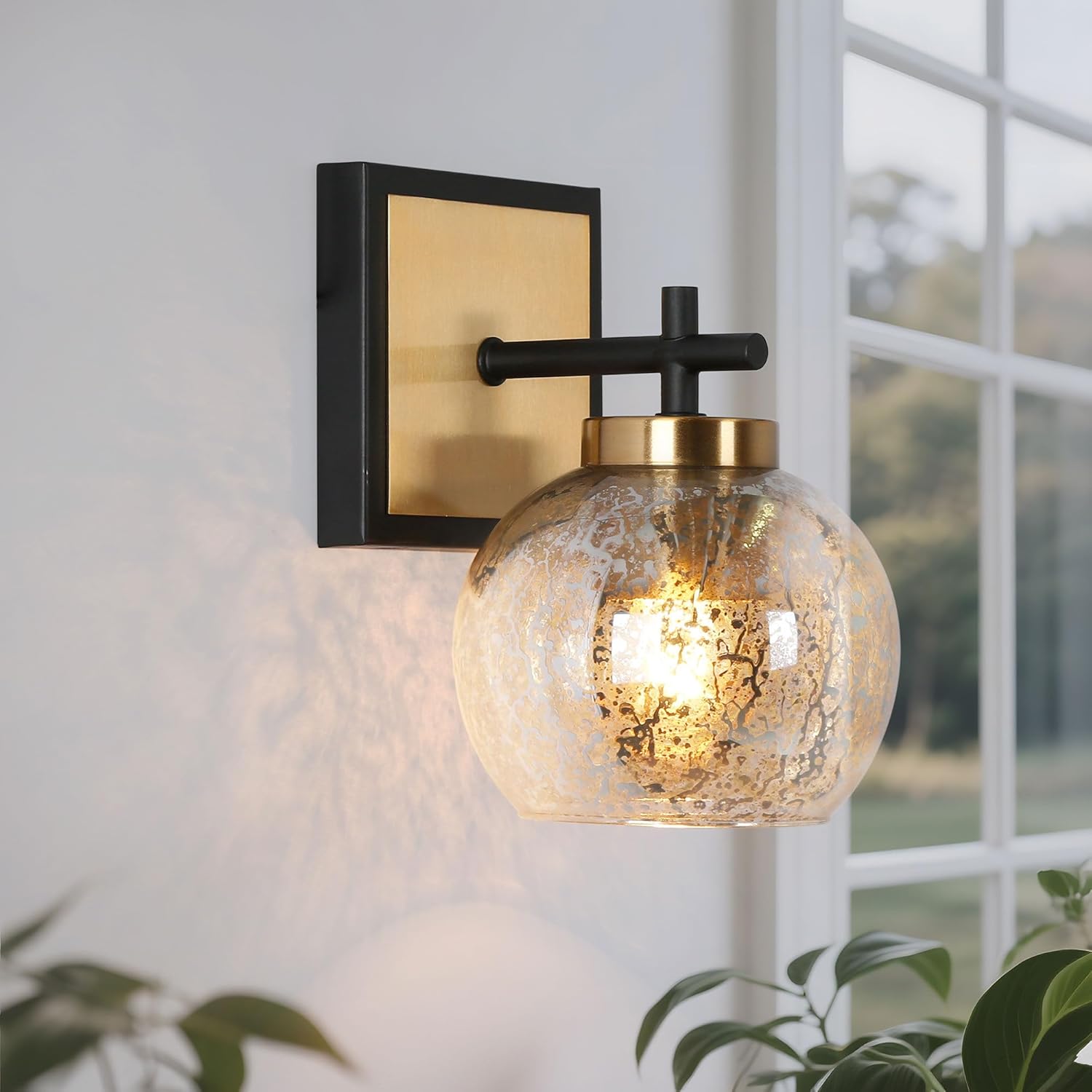 KSANA Black and Gold Sconce, Modern Globe Wall Sconces Lighting with Mercury Glass and Brass Finish for Bathroom, Bedroom, Hallway and Living Room