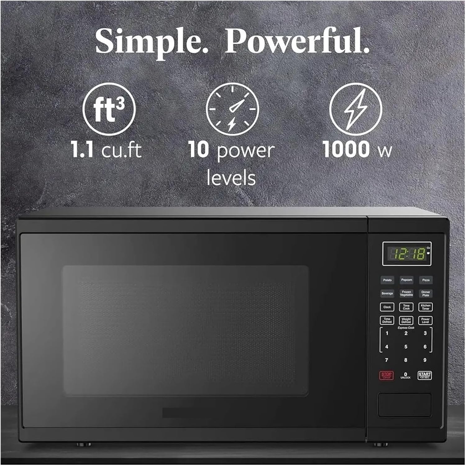 1.1 Cu. T. Countertop Microwave Oven – 1000 Watts Power, Auto Cook Settings, Rost, Easy Clean And Child Saety Lock - Black