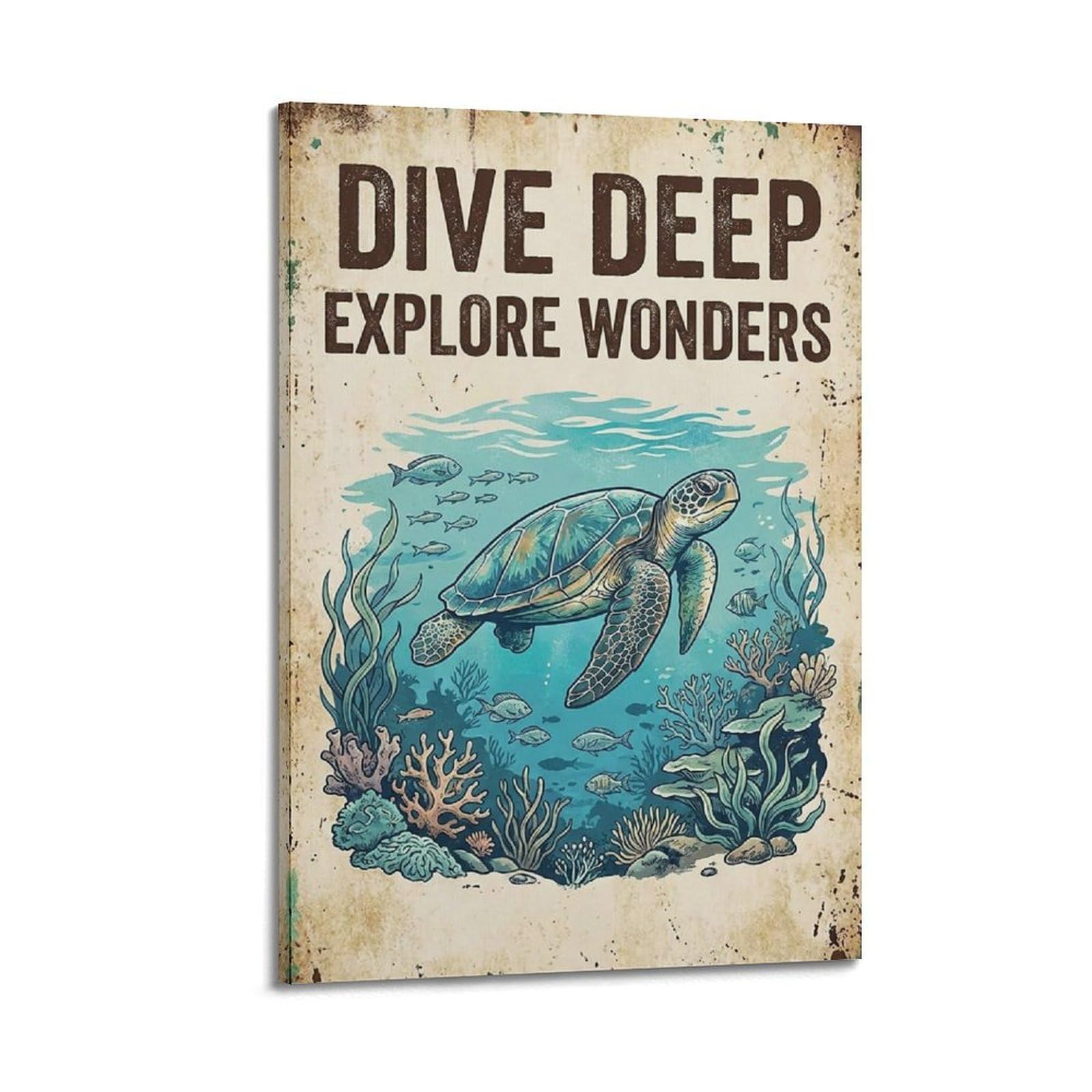 OKAHYS Vintage Nautical Ocean Illustration Poster Dive Deep Modern Decorative Canvas Prints - Ideal Wall Art for Family, Man Cave, Game Room, Boys & Girls Bedroom 20x30inch