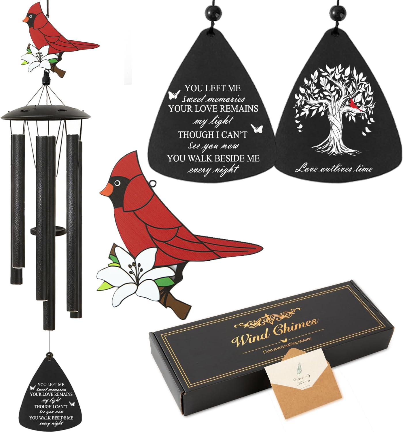 Cardinal Bird Sympathy Wind Chimes, Memorial Wind Chimes for Loss of Loved One Prime, Bereavement/Sympathy/Memorial Gift for Loss of Mother Father Husband Condolence (Black)