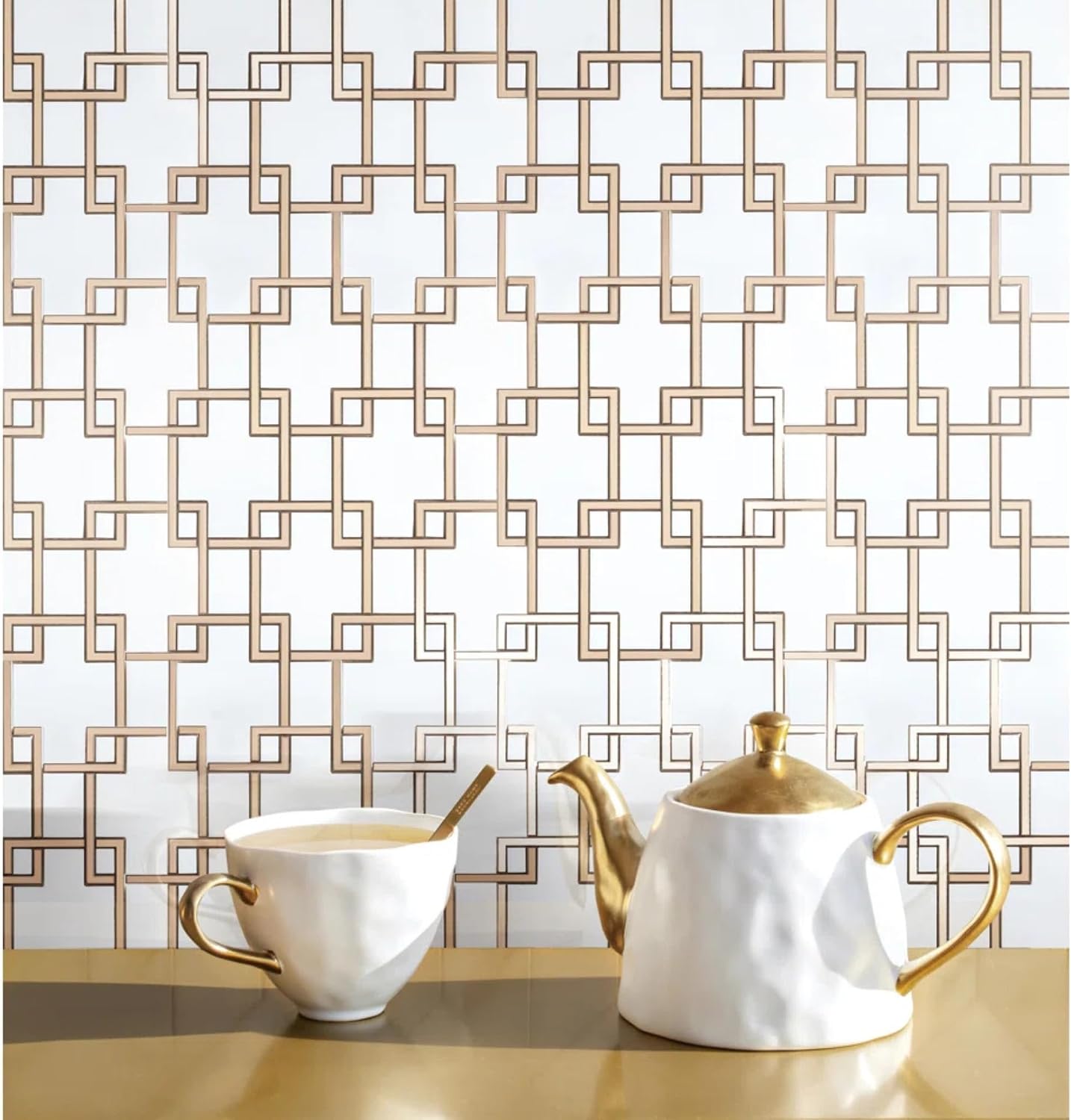 Tenedos HTCES Thassos White Marble & Rose Gold Metal Mosaic Tile 15.5"x12" Mesh Backed Geometric Floor & Wall Tile for Bathroom Shower Kitchen Backsplash Fireplace (1 Piece)