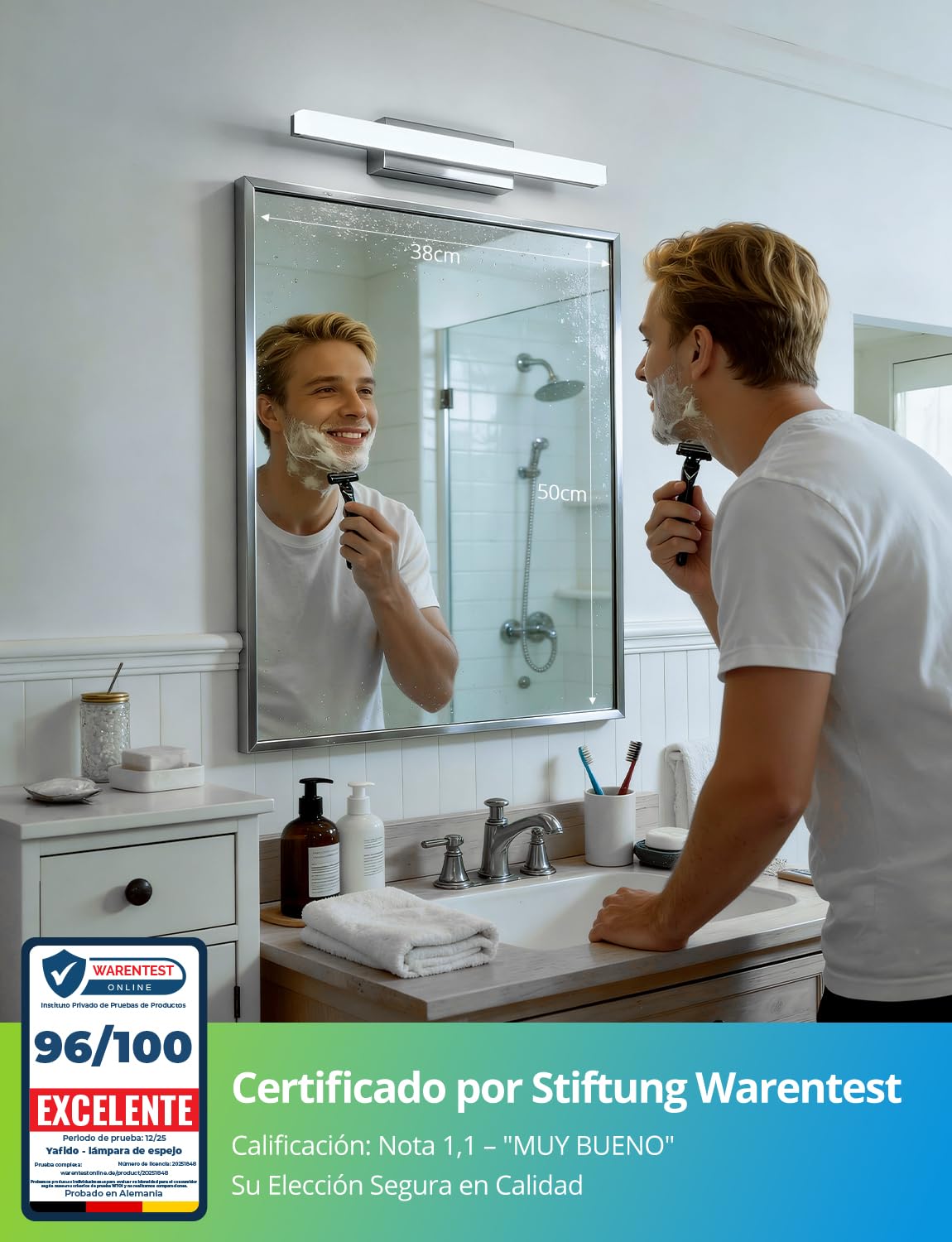 Yafido Aplique Espejo de Baño 40CM LED Maquillaje Luz Blanco Natural Para Lavabo, 9W Cromo IP44 Lampara 6000K Cuarto Luces Tocador Pared 230V Bathroom Light sobre Mirror