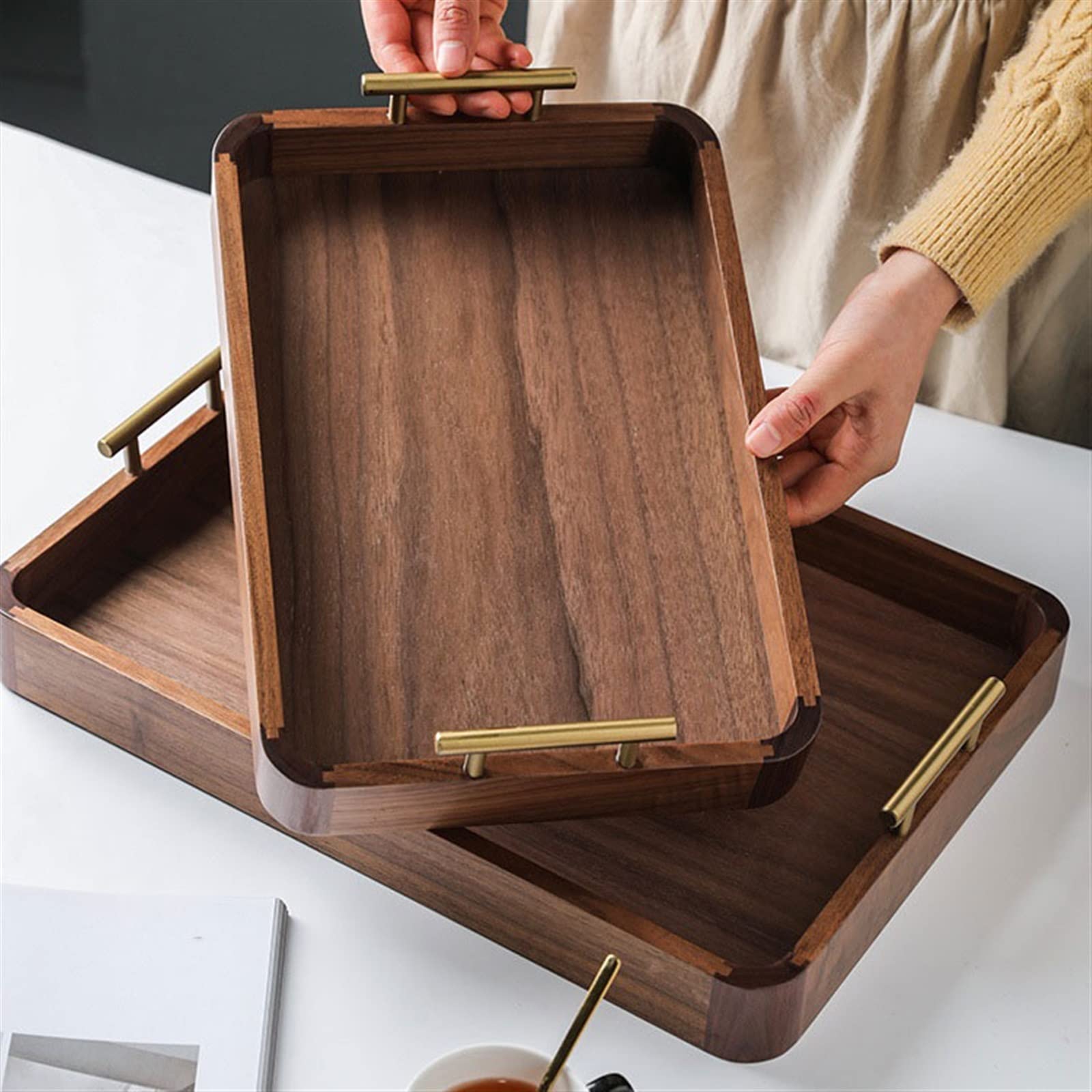 Vassoi da tavolino Vassoio in legno di noce alta qualità da servizio rettangolare for uso domestico Piatti Pasticceria Set tè portaoggetti Decorativi(M)