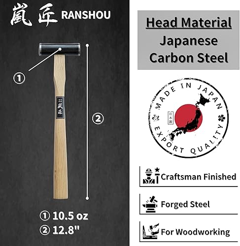 Miniatura 2 de RANSHOU GENNO - Martillo de carpintero japonés de 10.5 onzas (10.5 onzas), mango de madera para cincel, plano de mano japonés, clavo, fabricado en