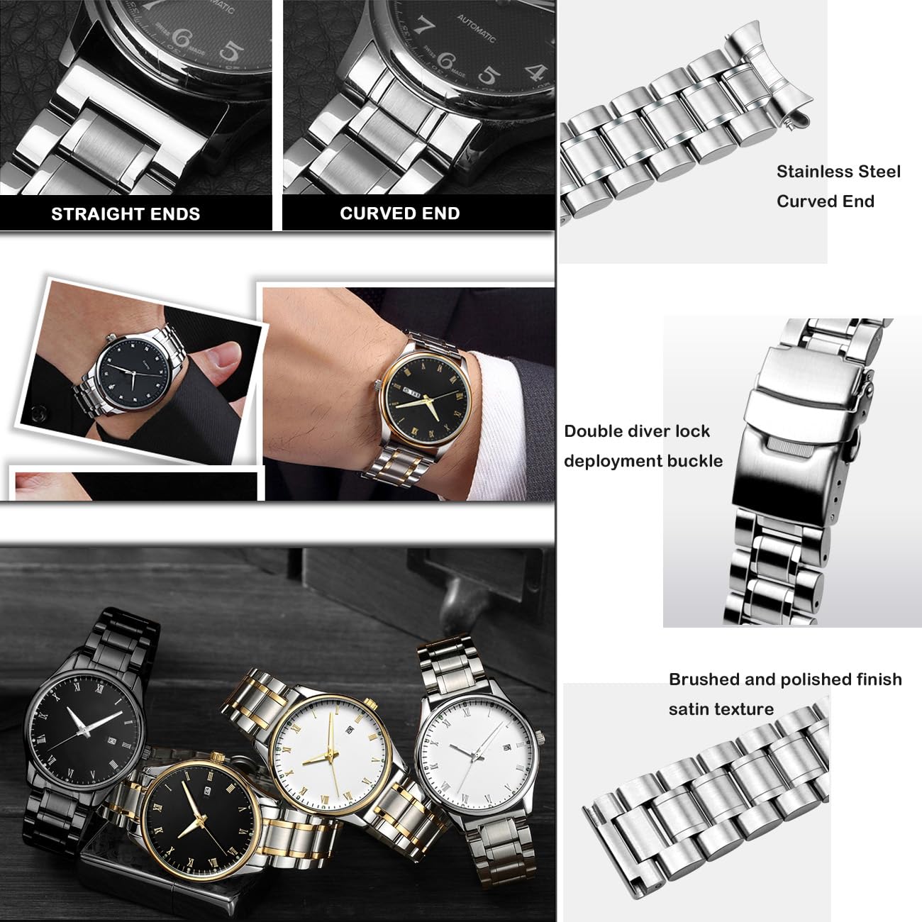Bracelet de montre universel de 22 mm en acier inoxydable massif avec extrémités incurvées, bracelet de rechange pour homme et femme, argent
