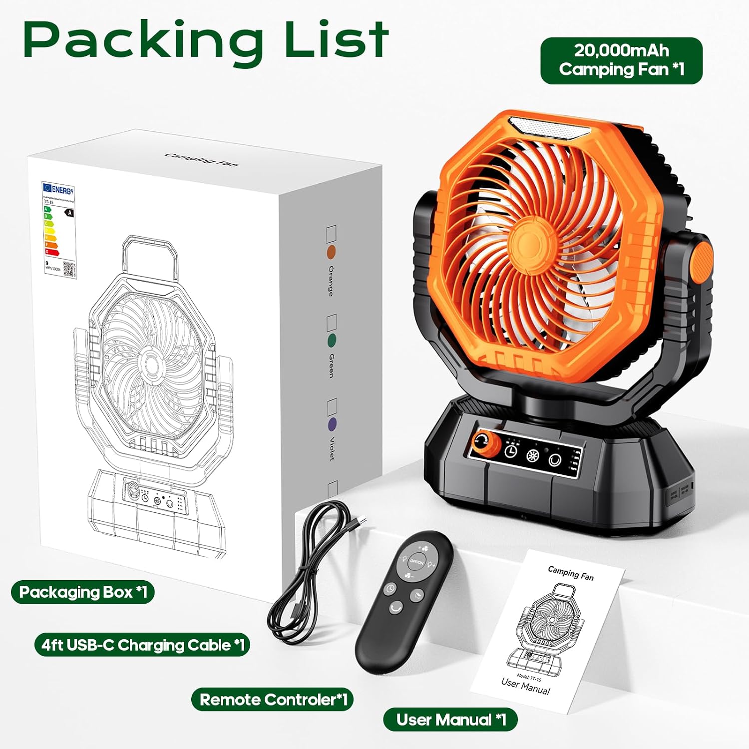 Contents of the VTHW Camping Fan package, including the fan, USB-C cable, remote control, and user manual.
