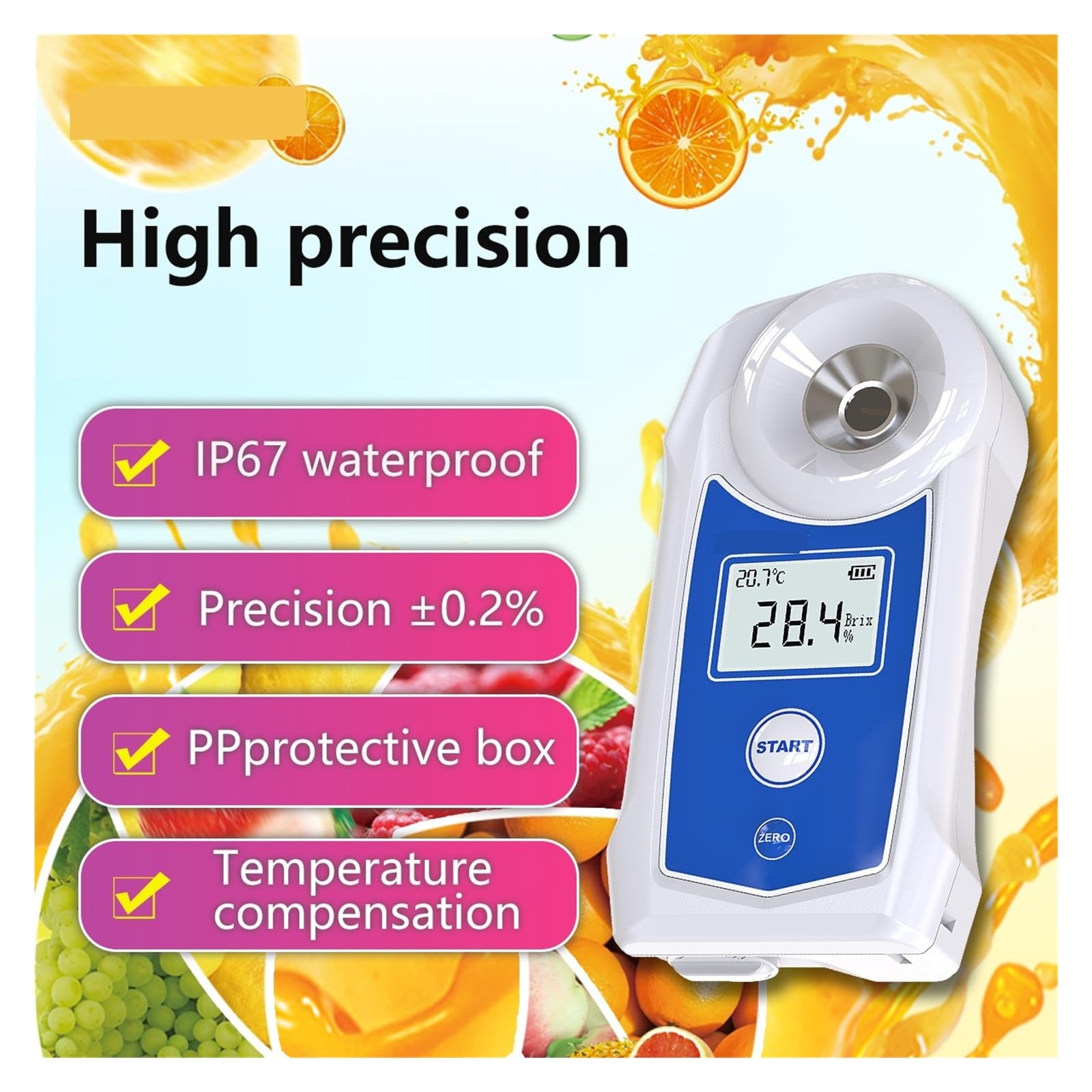 Refractómetros digitales Brixmeter, IP67 Jugo de frutas Bebidas Probador de azúcar, Instrumento de medición del contenido de azúcar Respuesta Rápida