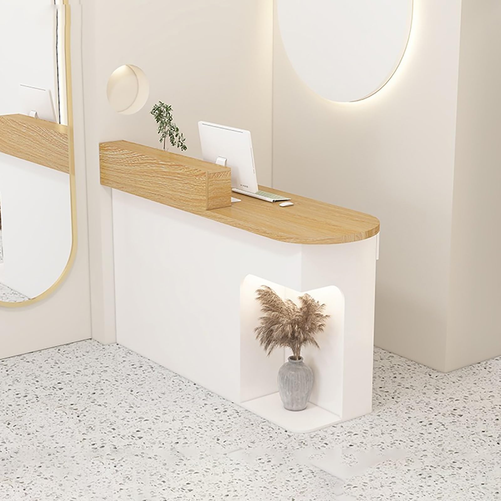 Moderno banco di ricezione a LED con ampio spazio di archiviazione per aziende e centri commerciali