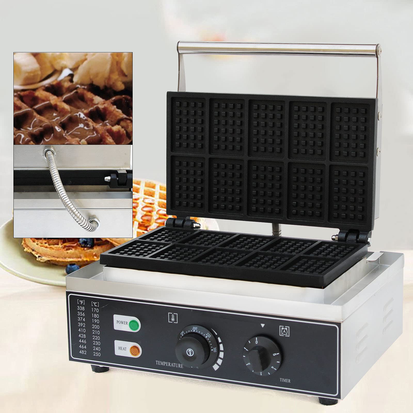 Futchoy Gofrera con placas antiadherentes, gofrera comercial de acero inoxidable para 10 gofres con carcasa de acero inoxidable, temperatura de 0-300 °C, temporizador