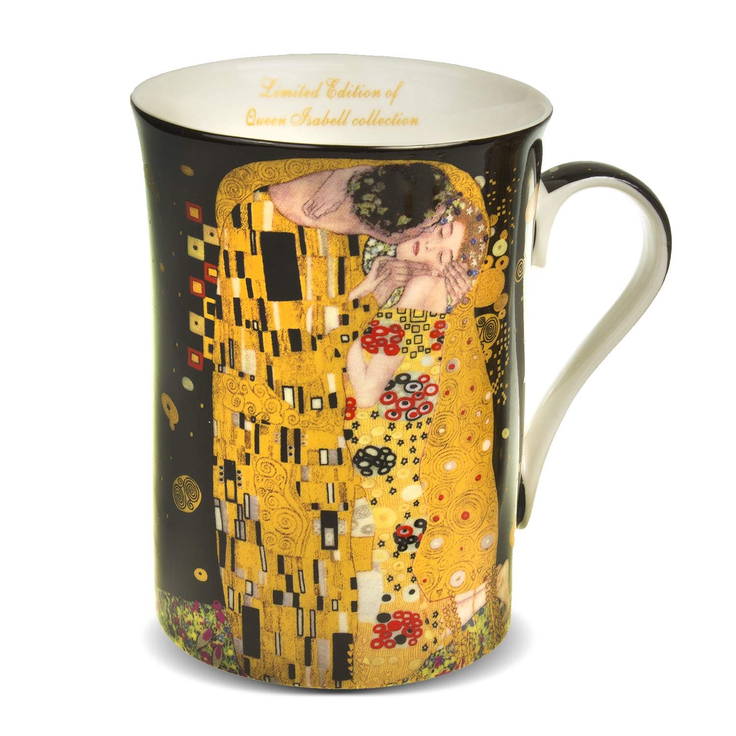 Queen Isabell Lot de 2 grandes tasses à café 250 ml avec cuillère « Le baiser » de Gustav Klimt Noir Idée cadeau en porcelaine