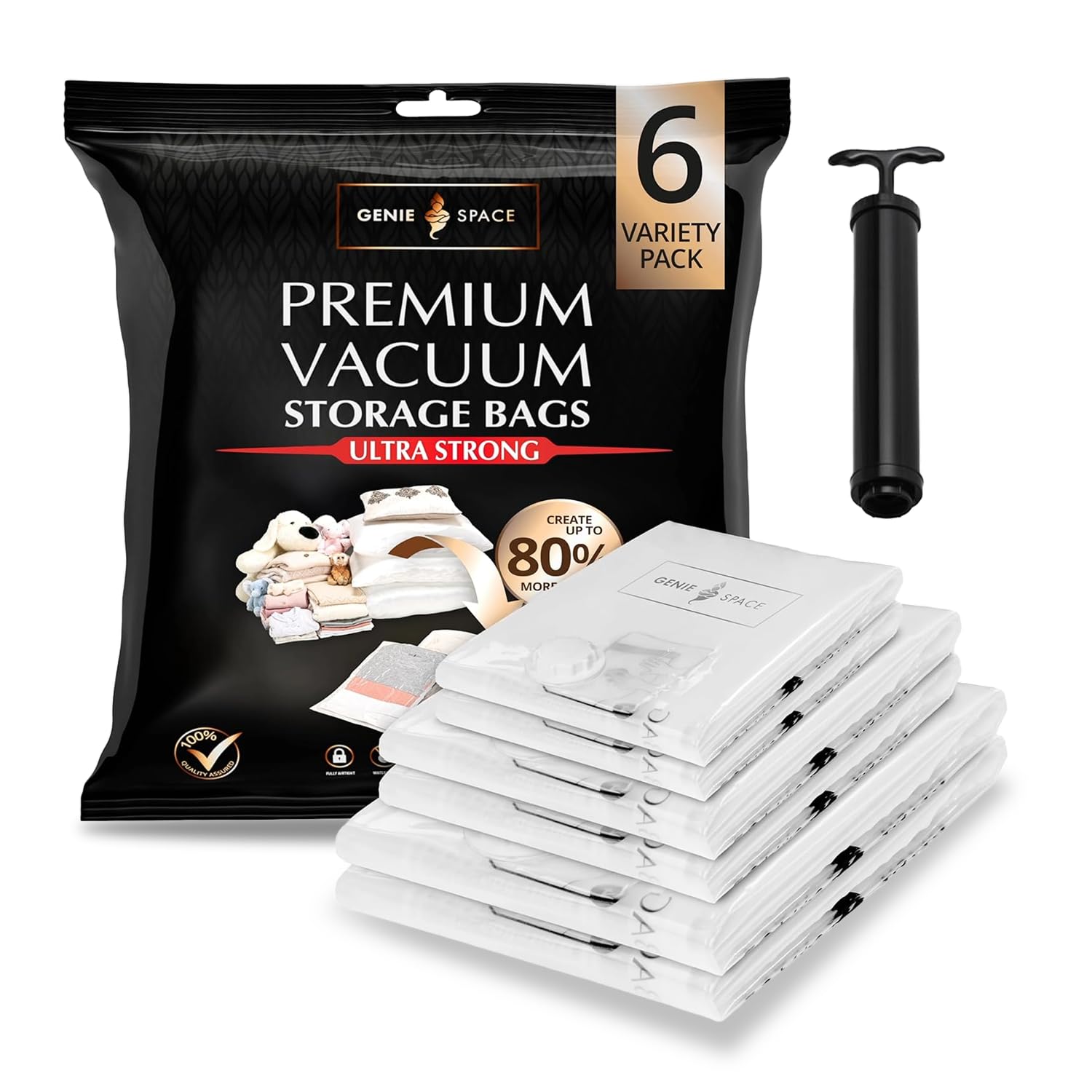 GENIE SPACE Premium Vacuum Storage Bags for Clothes, Bedding and Travel, Variety 6-Pack (2XL + 2L + 2M), Airtight, Reusable and Odour-Proof Space Saver Bags with Double Seal and Travel Pump