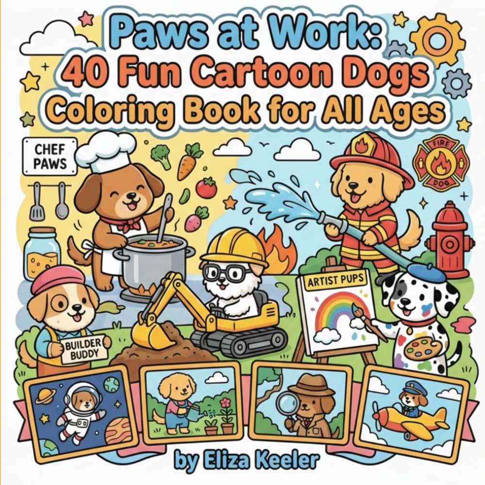 Paws at Work: 40 Fun Cartoon Dogs Coloring Book for All Ages: Unique Dog Breeds in Professions- Stress Relief and Imagination for Kids, Teens and Adults