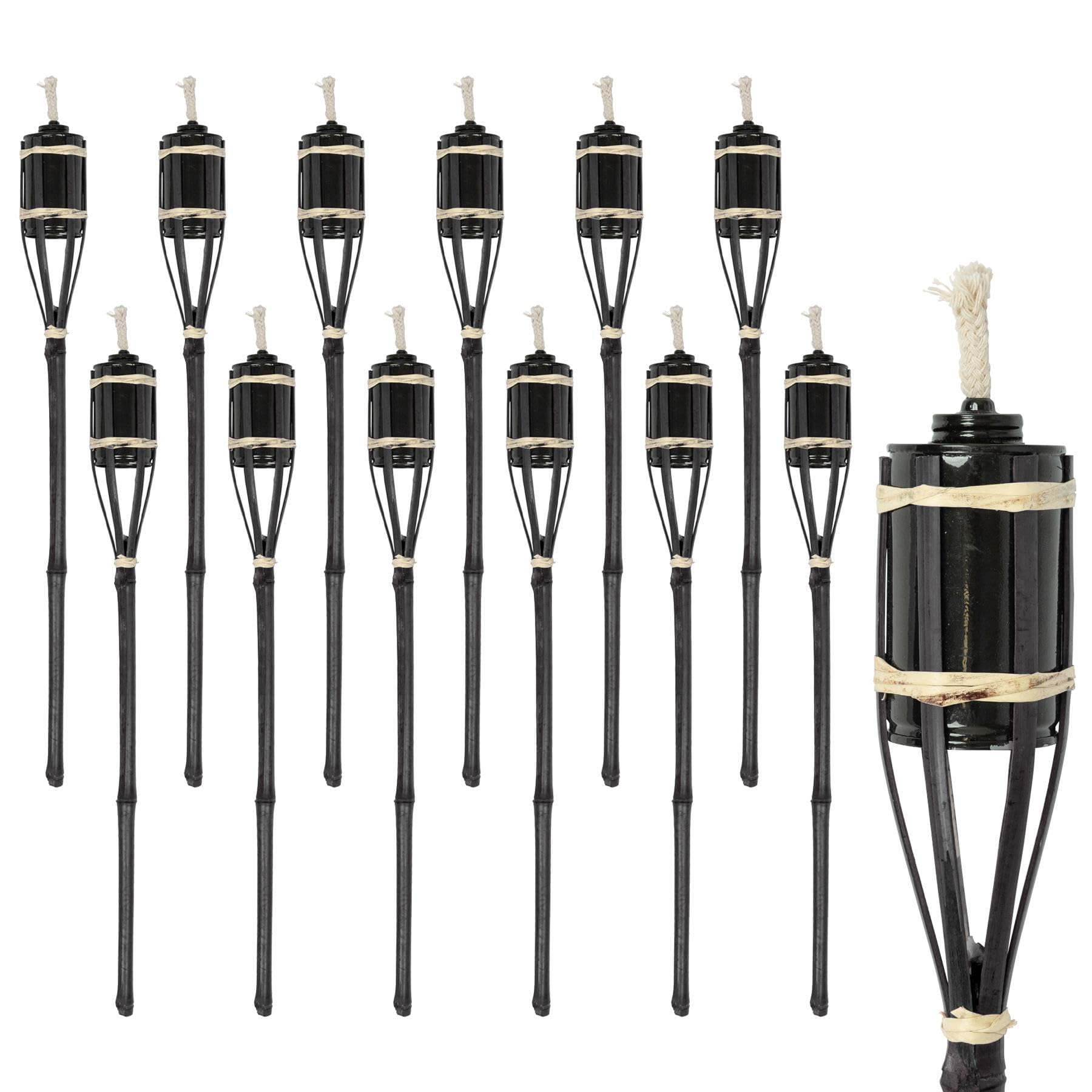 Harbour Housewares Bamboo Fire Torches - 60cm - Black - 12x Garden Lighting Traditional Tiki Torches Outdoor Paraffin Oil Lamp Candle Flame Lantern with Removable Screw Top