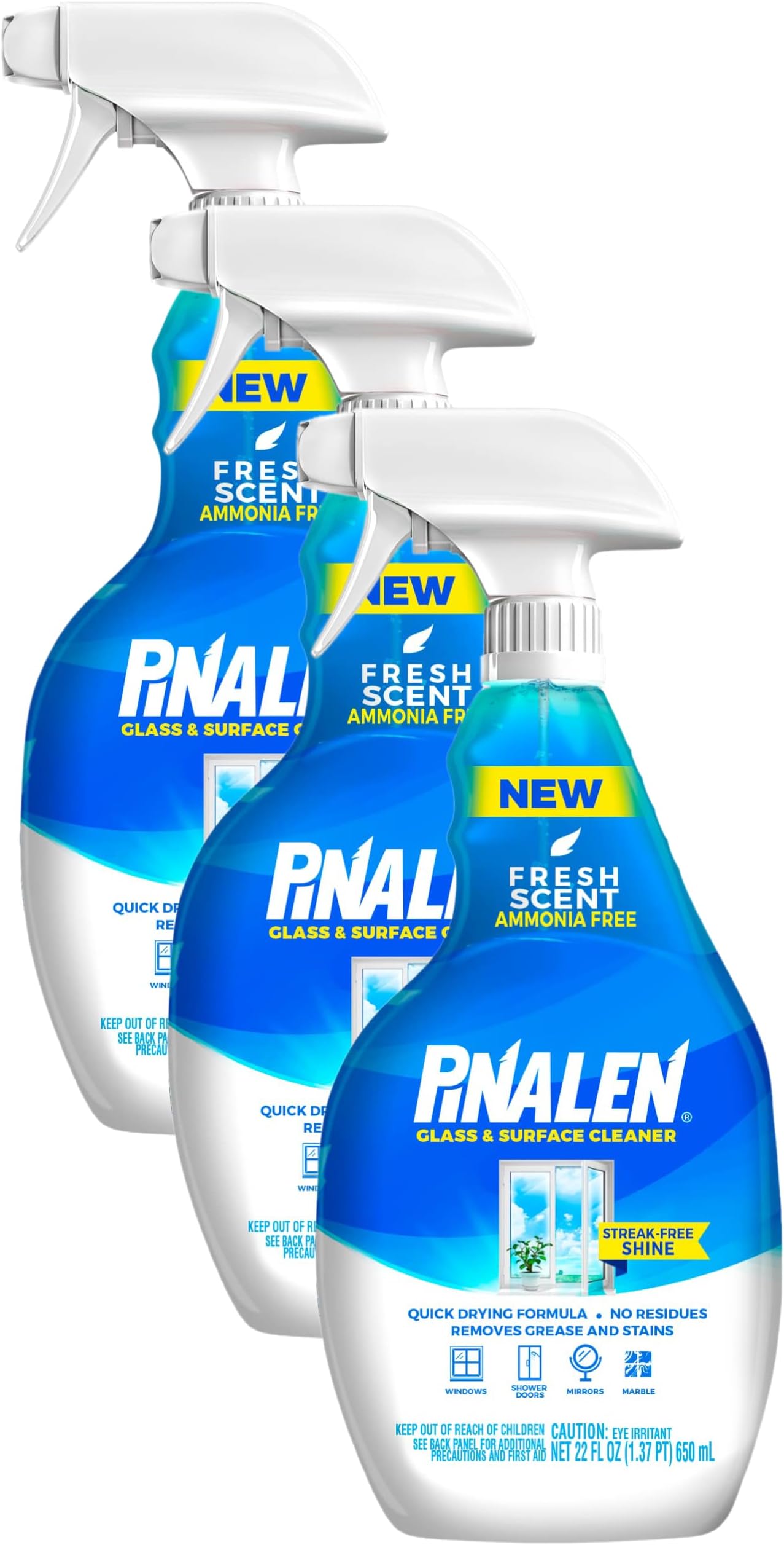 PINALEN Multisurface Window Glass Cleaner Spray - Counter, Mirror, Shower Door, And Auto Glass Cleaner With Trigger Spray Handle, Ammonia-Free Fresh Scent - (22 oz) (2750) (Pack of 3)