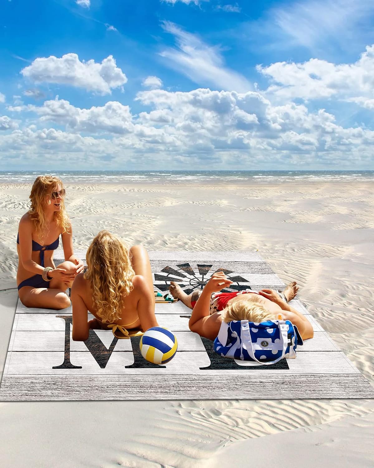 Rustic Farm Windmill Home Quotes Beach Blanket Waterproof Sandproof Outdoor Picnic Mat 83"x79" Chic Wooden Plank Lightweight Large Beaach Blankets with 4 Stake & 4 Corner Pockets