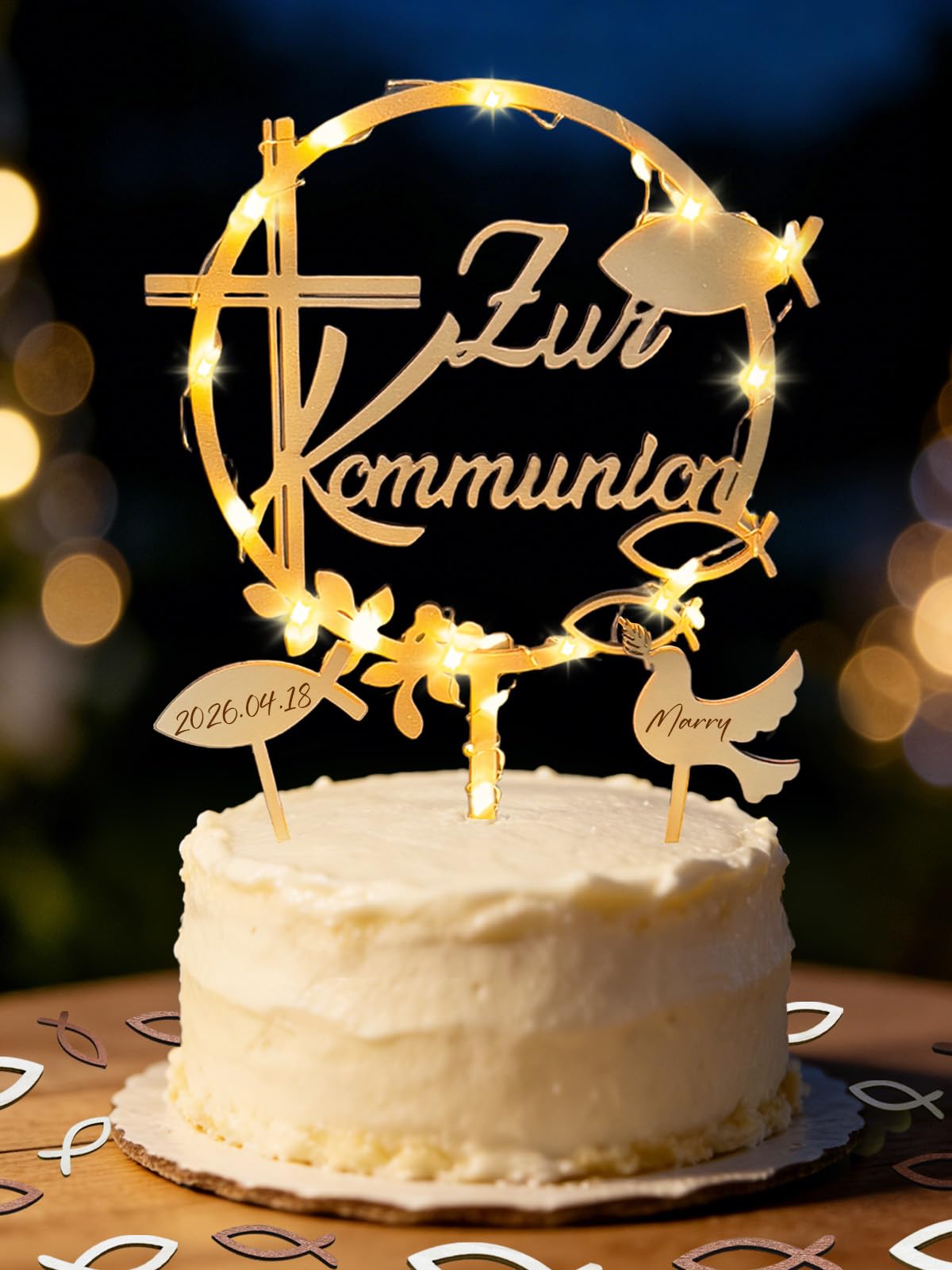Tortendeko Kommunion mit LED Lichterkette, Tortenstecker Kommunion Holz & 36 Stück Holz Fische Tischdeko & Fisch Taube Cake Topper, Erstkommunion deko Junge Mädchen Geschenke Gastgeschenke