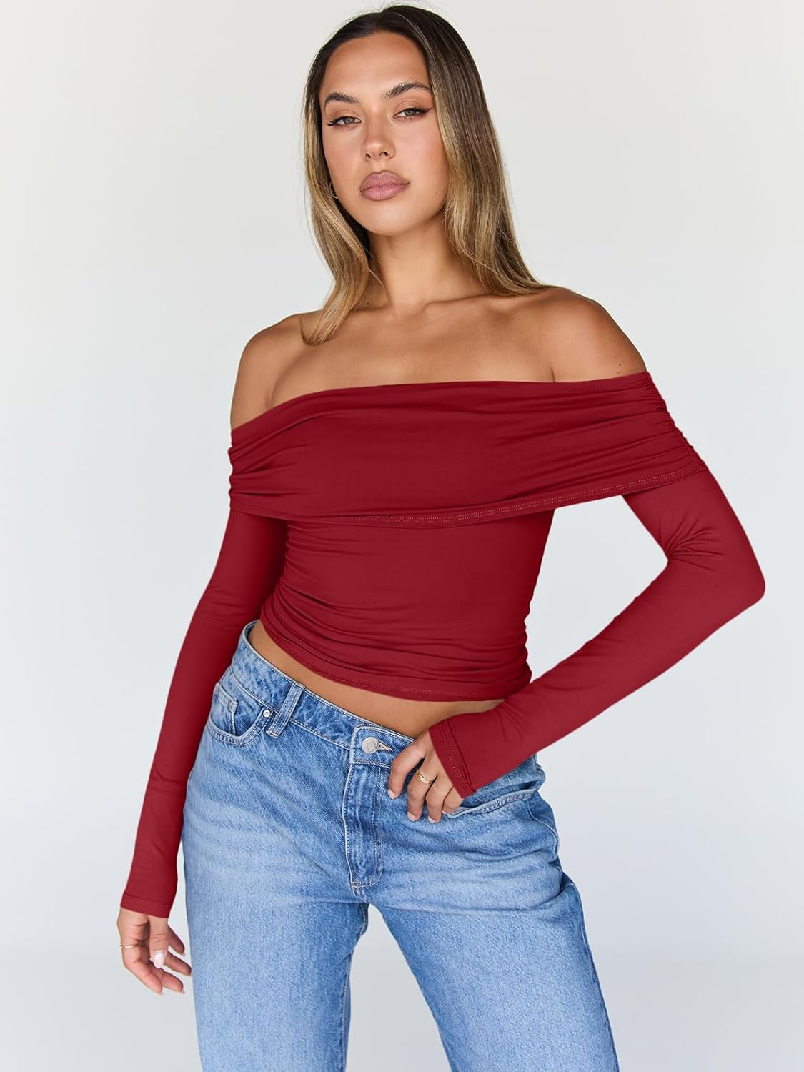 Trendy Queen Women Long Sleeve Shirts Off Shoulder Tops Going Out Crop Sexy Slim Fitted Y2K Fall Outfits 2026 Fashion Clothes - Image 2