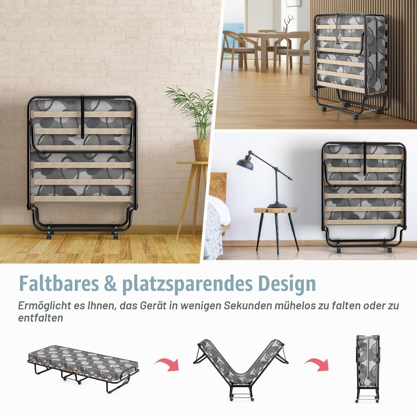 LIFEZEAL Klappbett, Klappbares Gästebett im Metallrahmen, Faltbares Einzelbett mit Matratze aus Memory Foam, Erwachsene Metallbett auf 4 Rädern (Grau, 190 x 80 x 33 cm)