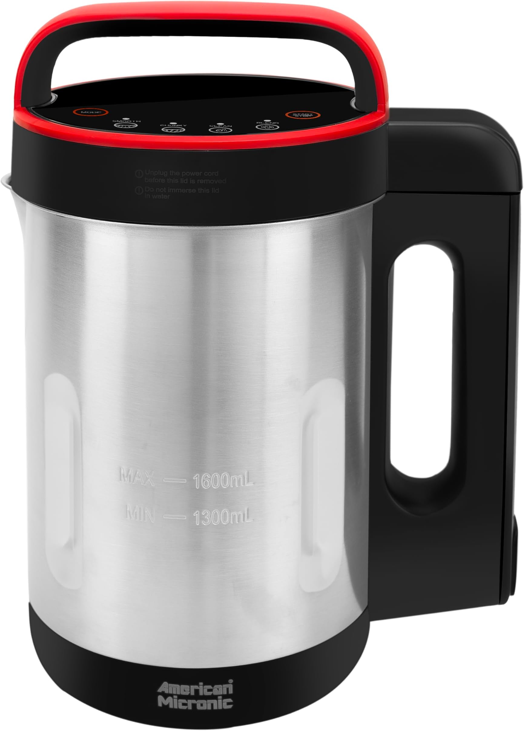 AMERICAN MICRONIC® Digital Soup Maker 1.6 L | 1160 W High-Power Copper Motor | Automatic Heating & Blending | 4 Preset Programs | Stainless Steel Blades | Red & Steel Finish