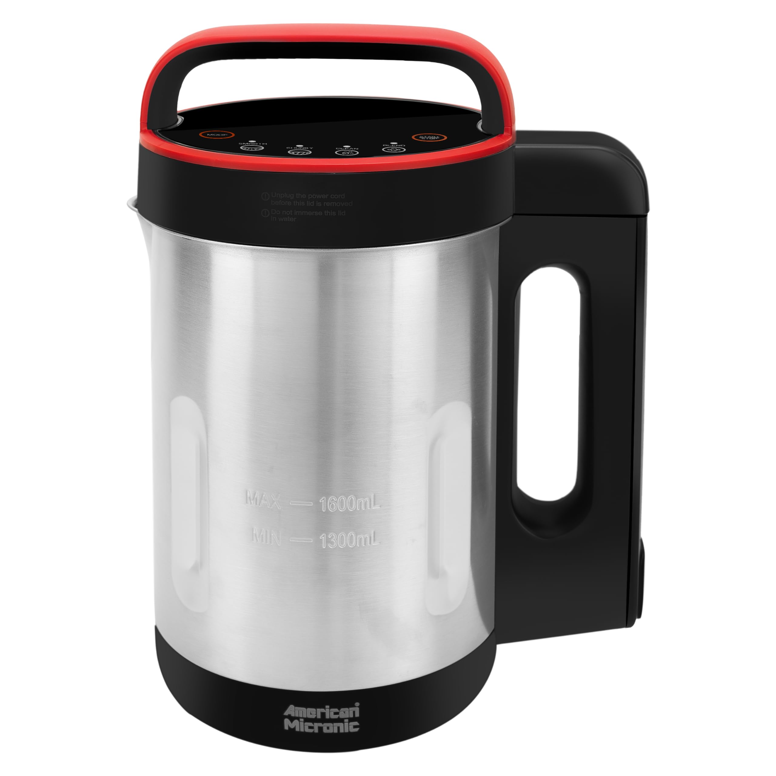 AMERICAN MICRONIC® Digital Soup Maker | 1.6 L | 1160W Copper Motor | Automatic Heating & Blending | 4 Preset Programs | Stainless Steel Blades | Red & Steel Finish