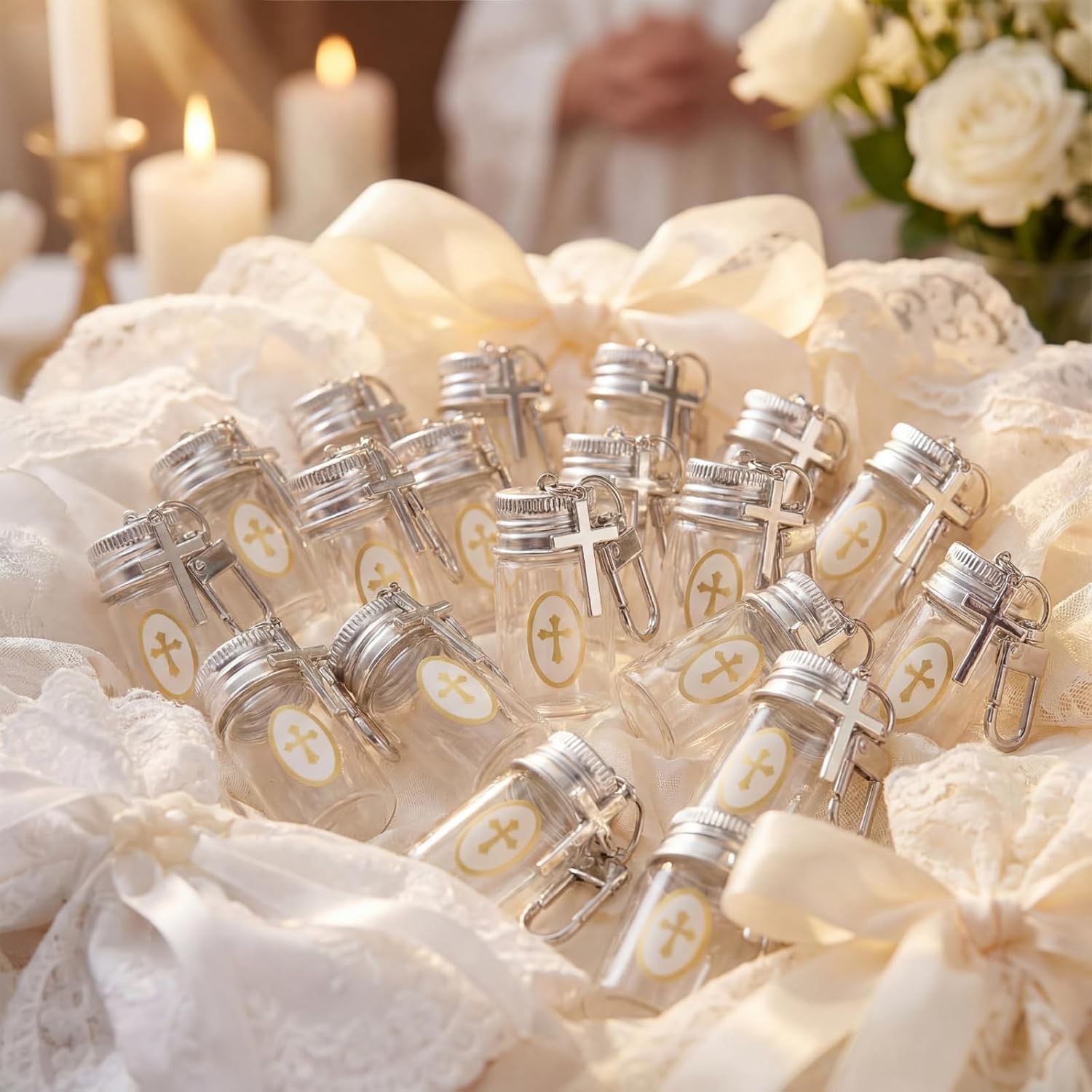 30 Set Holy Water Bottle Keychain Agua Bendita Baptism Favor, Silver