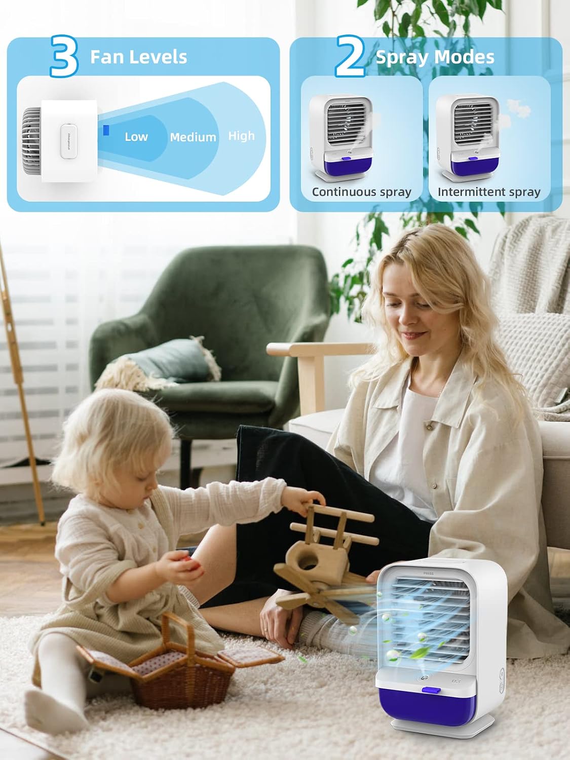 SPVCE Portable Air Conditioner Automatic Oscillating 90°, Personal Mini Evaporative Air Cooler with 4000mAh Built-in Battery, 3 Speeds & 2 Spray modes & LED Light, Type-C Input, for Home Travel Office