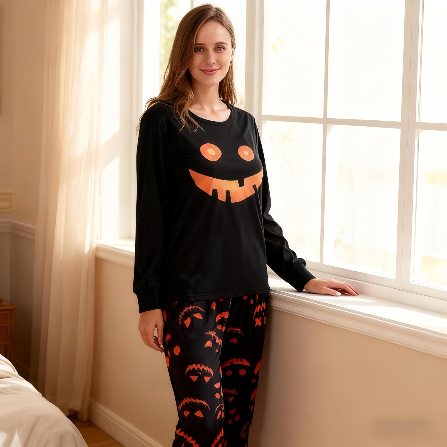 Womens PajamasSet Winter Sleepwear Loungewear Pumpkin Long sleeve Glow in Dark printing Crew Neck - Image 5