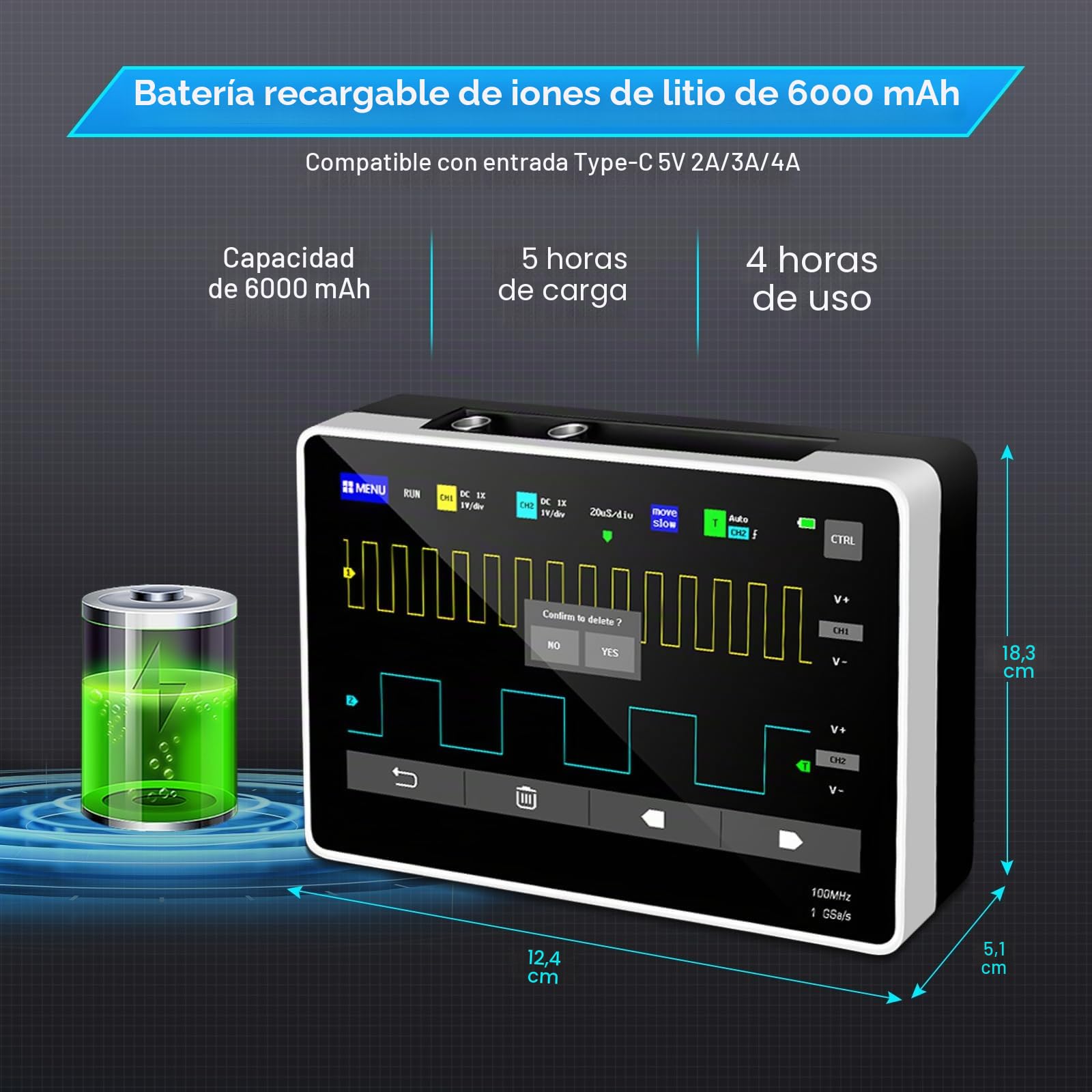 Osciloscopio, multímetro digital, osciloscopio de mano con 2 canales, osciloscopio USB, ancho de banda de 100 MHz, pantalla TFT LCD, frecuencia de muestreo de 1 GSa/s, Cubiertas distribuidas al azar