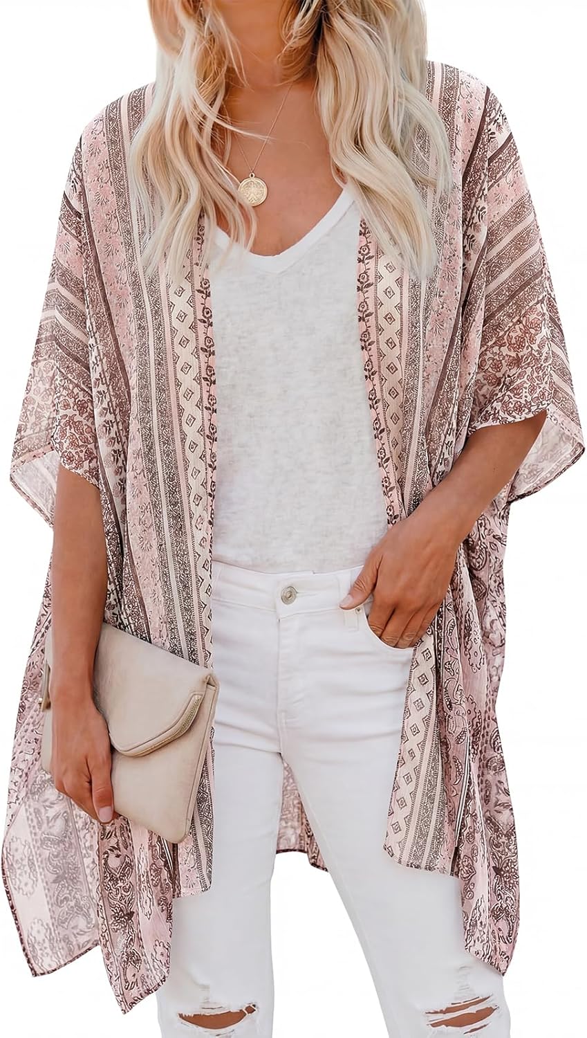 PRETTYGARDEN Summer Kimonos for Women Boho Floral Short Sleeve Flowy Cardigans Swimsuit Beach Cover Ups for Women Swimwear