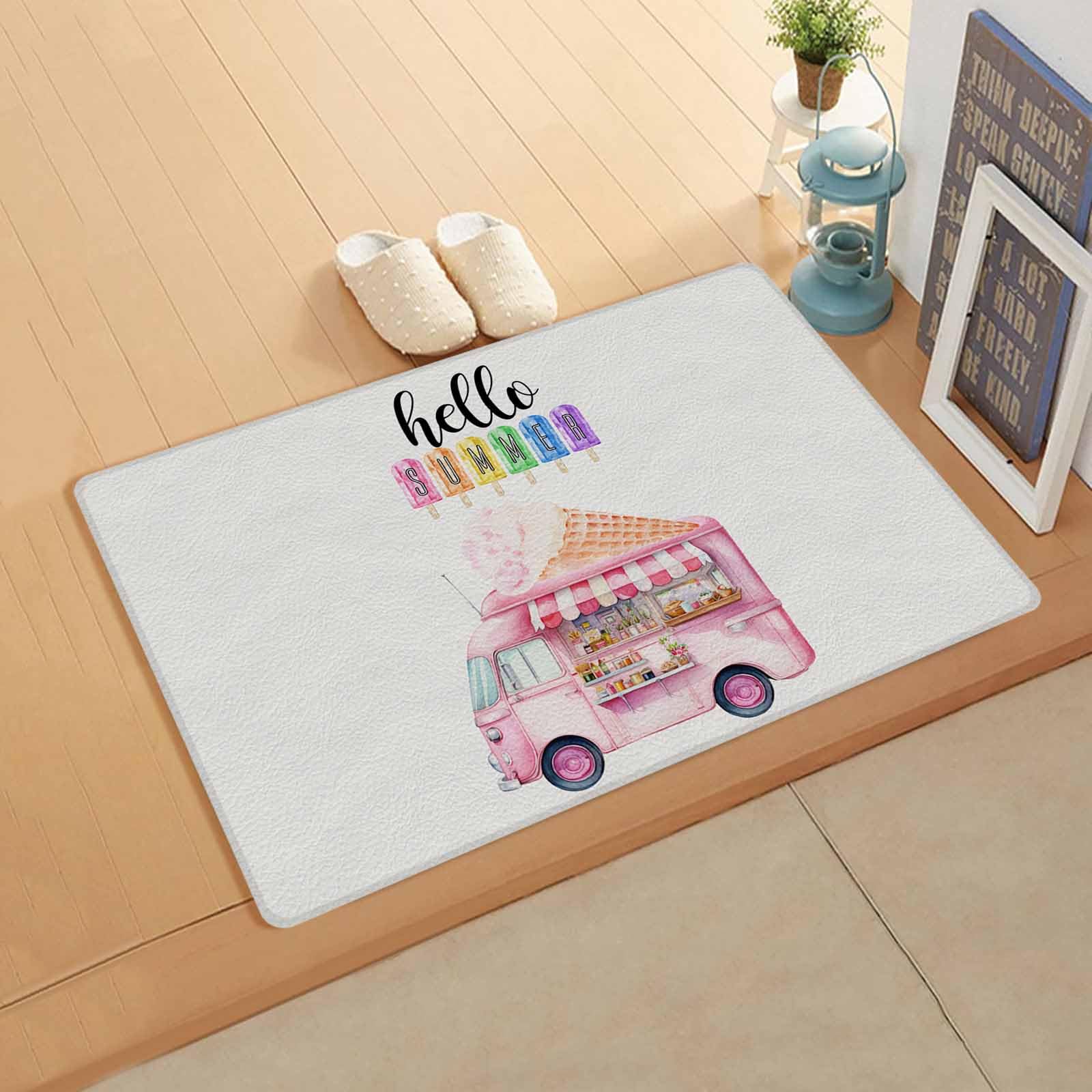 Pink Ice Cream Antifatigue Kitchen Bath Door Mat Cushioned Runner Rug,Washable Welcome Floor Sink Mat,Waterproof & Non-Slip Standing Doormat for Kitchen,Watercolor Summer Watercolor Car 18