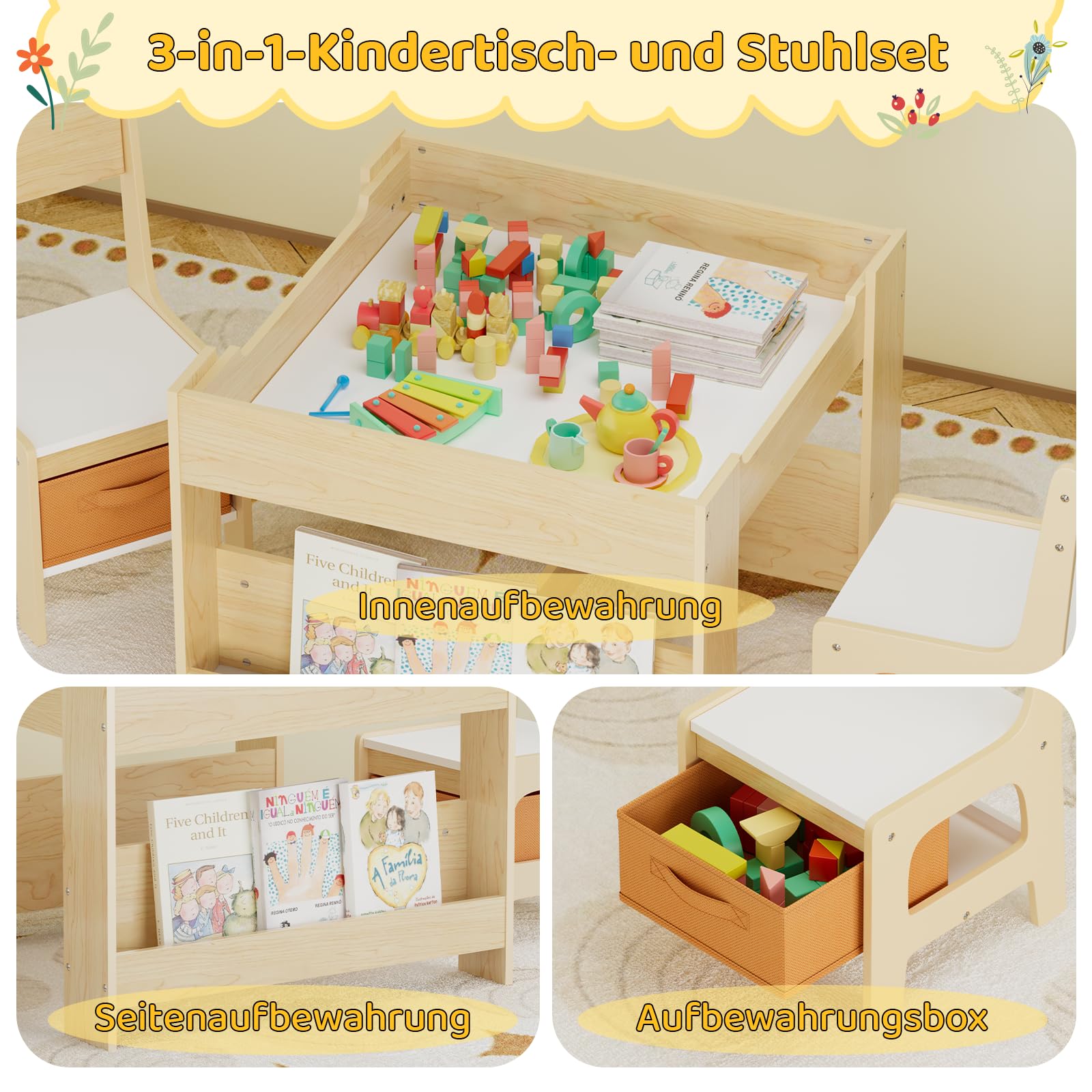Clevich Kindersitzgruppe Holz mit Stauraum, Kindertisch mit 2 Stühlen, Holz | Tisch & Stühle Set mit Bücherregalen, Kinder Maltisch & Basteltisch, für Kinderzimmer, Spielzimmer, Kindermöbel ab 3 Jahren