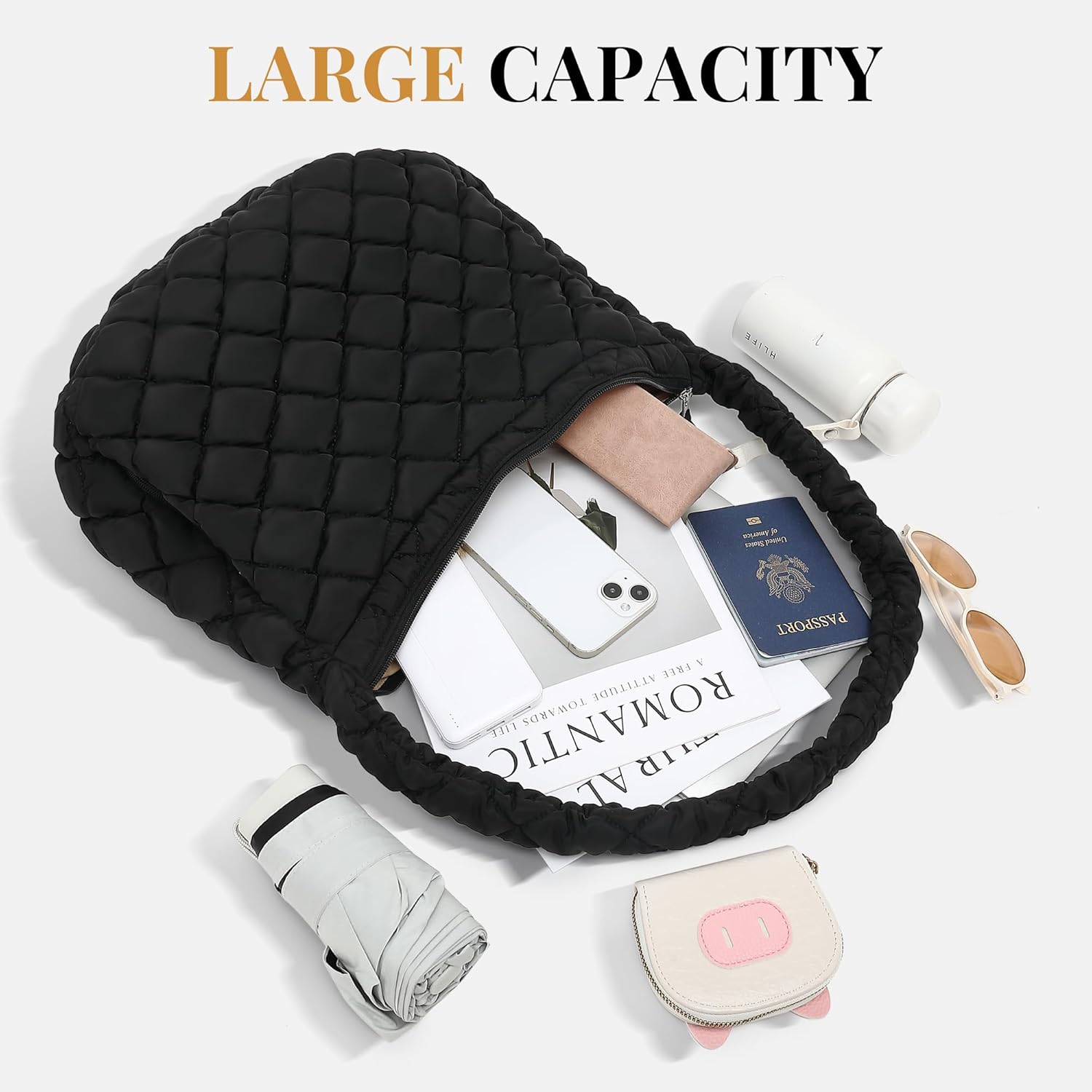 Tote Bag for Women, Large Puffer Bag and Work Bags with Zipper, Quilted Tote Bag for Travel, Daily, Work, Gym, Beach - Image 3