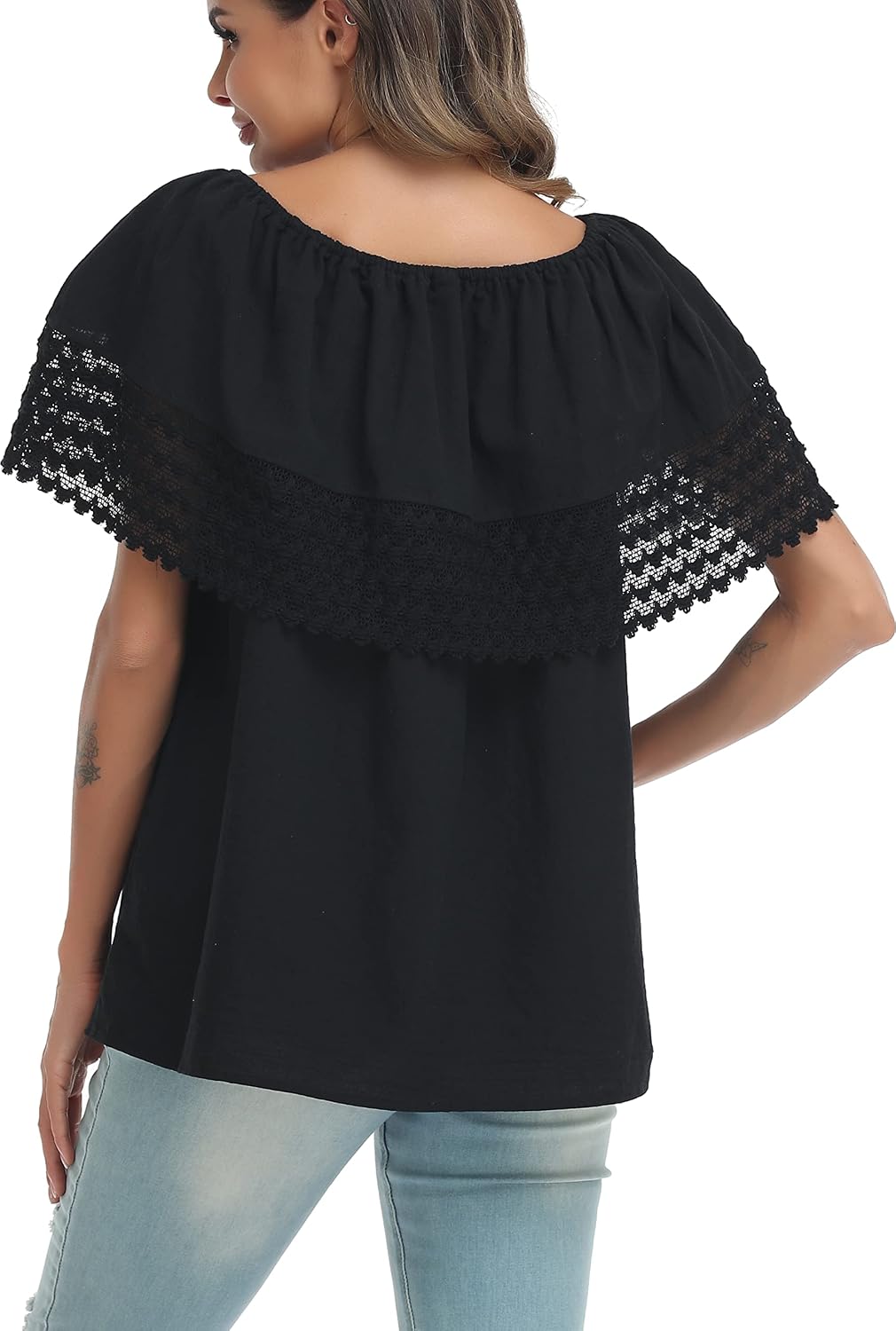YZXDORWJ Women Mexican Embroidered Off-Shoulder Shirt Lace Falbala Top