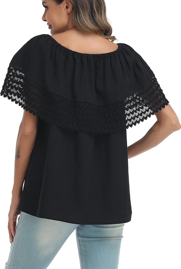 YZXDORWJ Women Mexican Embroidered Off-Shoulder Shirt Lace Falbala Top (M, 346BK) by YZXDORWJ - Used condition - Image 7