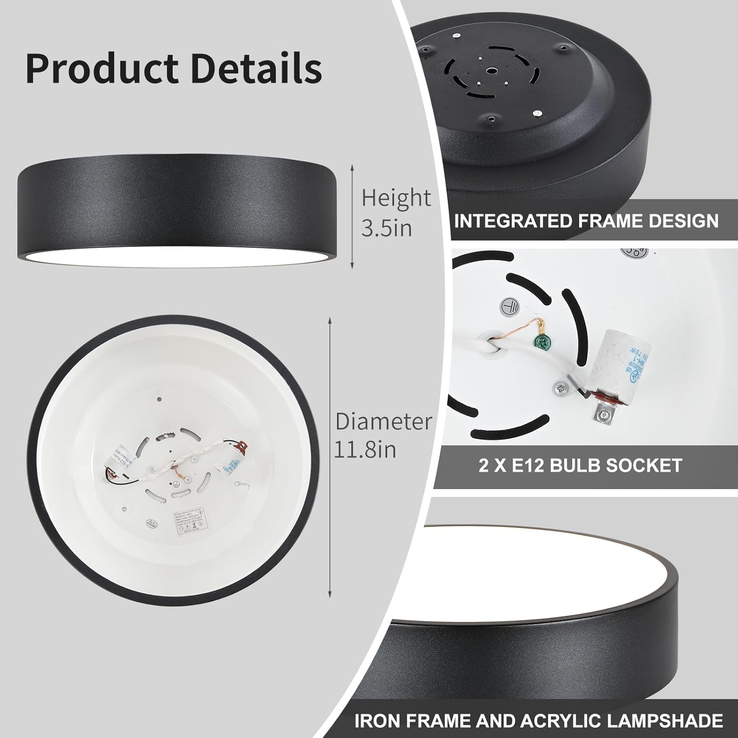 Black Flush Mount Light Fixture, 2-Light Minimalist Close to Ceiling Lamp, Industrial for Hallway, Entryway, Closet, Kitchen Island, Foyer, Balcony, Farmhouse, 11.8 Inch