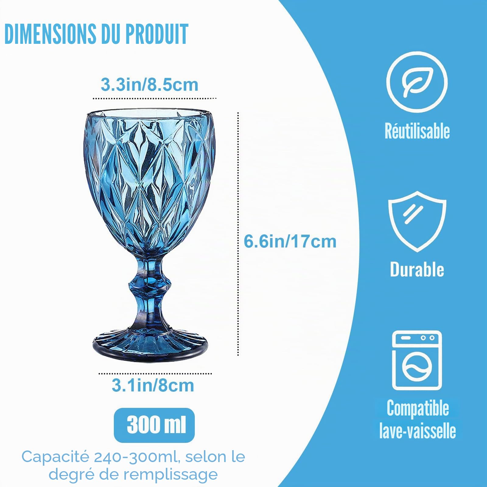 Lot de 6 verres à vin rouge vintage de 300 ml - Verres à vin en cristal - Pour mariage, cocktail, maison, restaurant, fête, Noël - Bleu clair