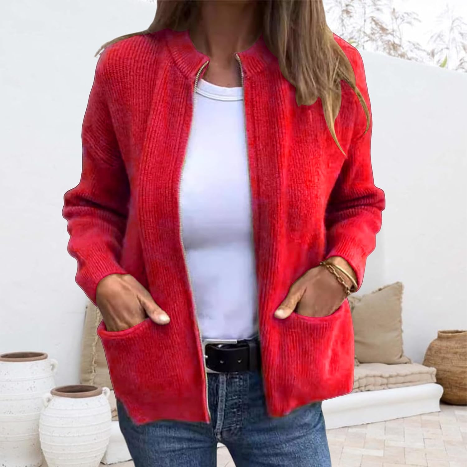 Knit Cardigans for Women Lightweight Crew Neck Zip Up Sweater Coat Casual Loose Fit Solid Color Long Sleeve Jackets