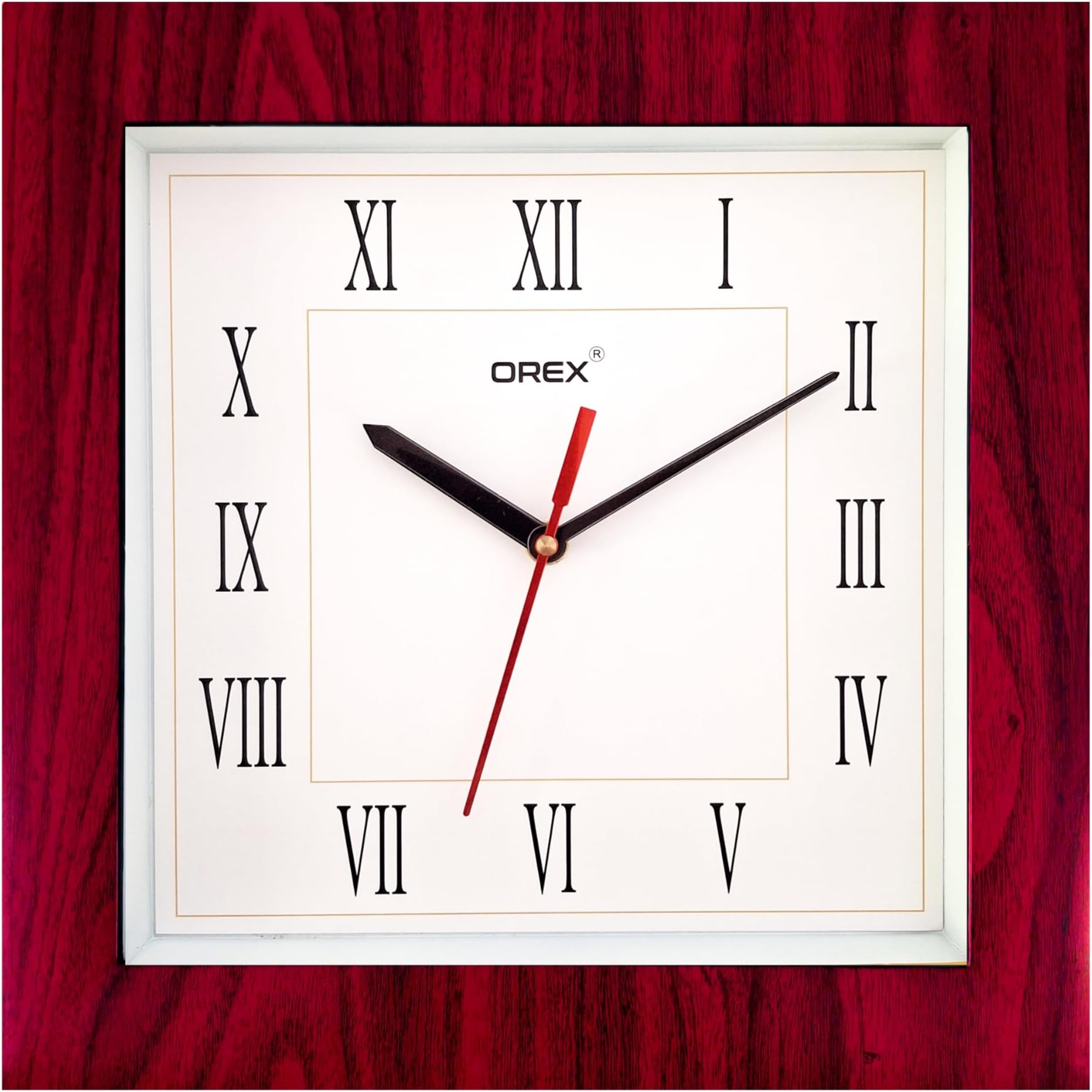 OREX Plastic Modern Stylish Square Shape Analog Wall Clock with Glass for Home/Kitchen/Living Room/Bedroom/Office -with Wooden Shade Ring (OC-063)