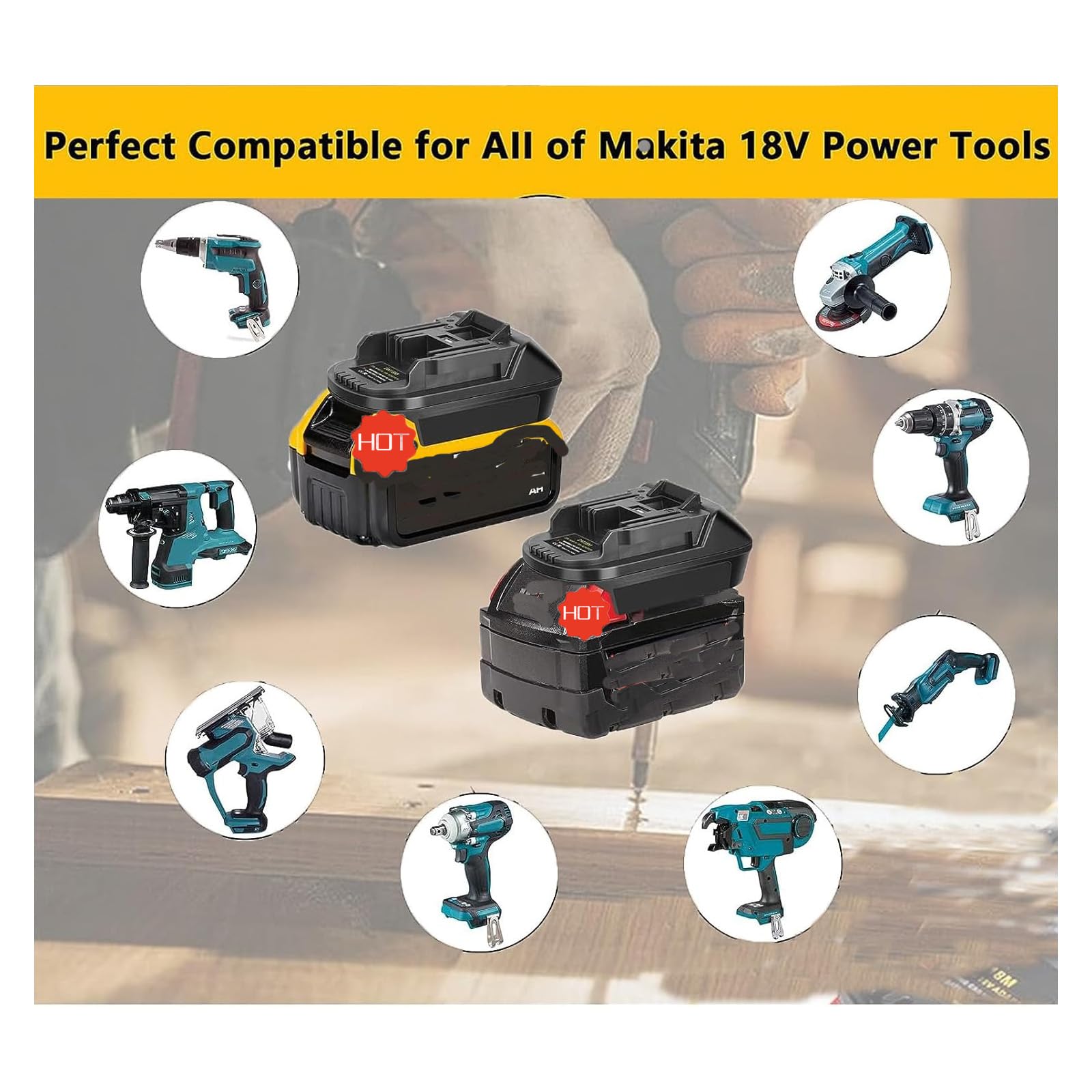 URUN DM18M Battery Adapter for Dewalt 20V, Milwaukee M18 & Makita 18V Cordless Tools with USB Charging & Protection Features — view 5