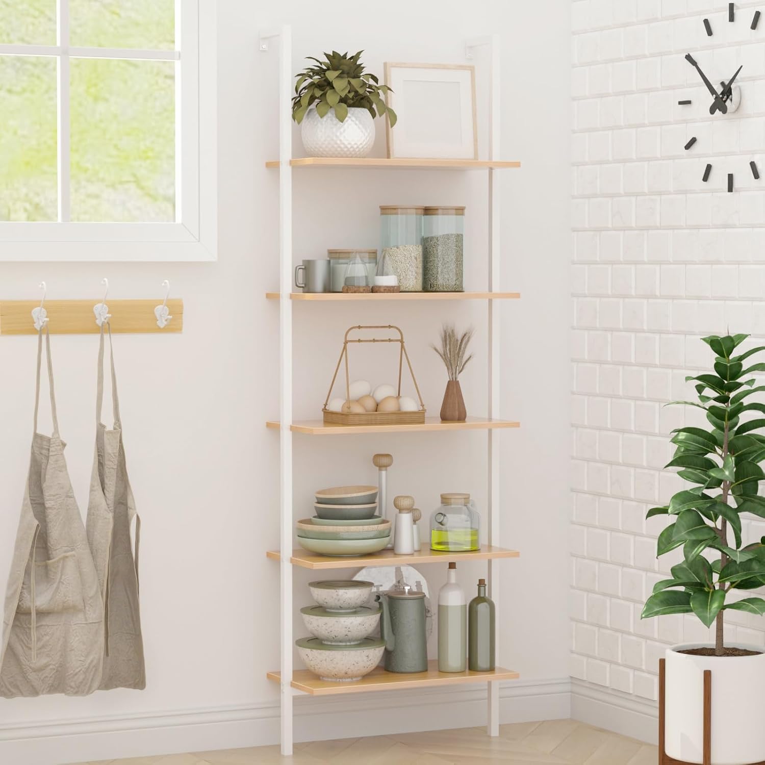 SogesHome 5-Tier Industrial Wall-Mounted Ladder Shelf - Modern Bookshelf with Metal Frame for Organizing Plants, Flowers, and Books in Kitchen, Living Room, Bedroom, or Office
