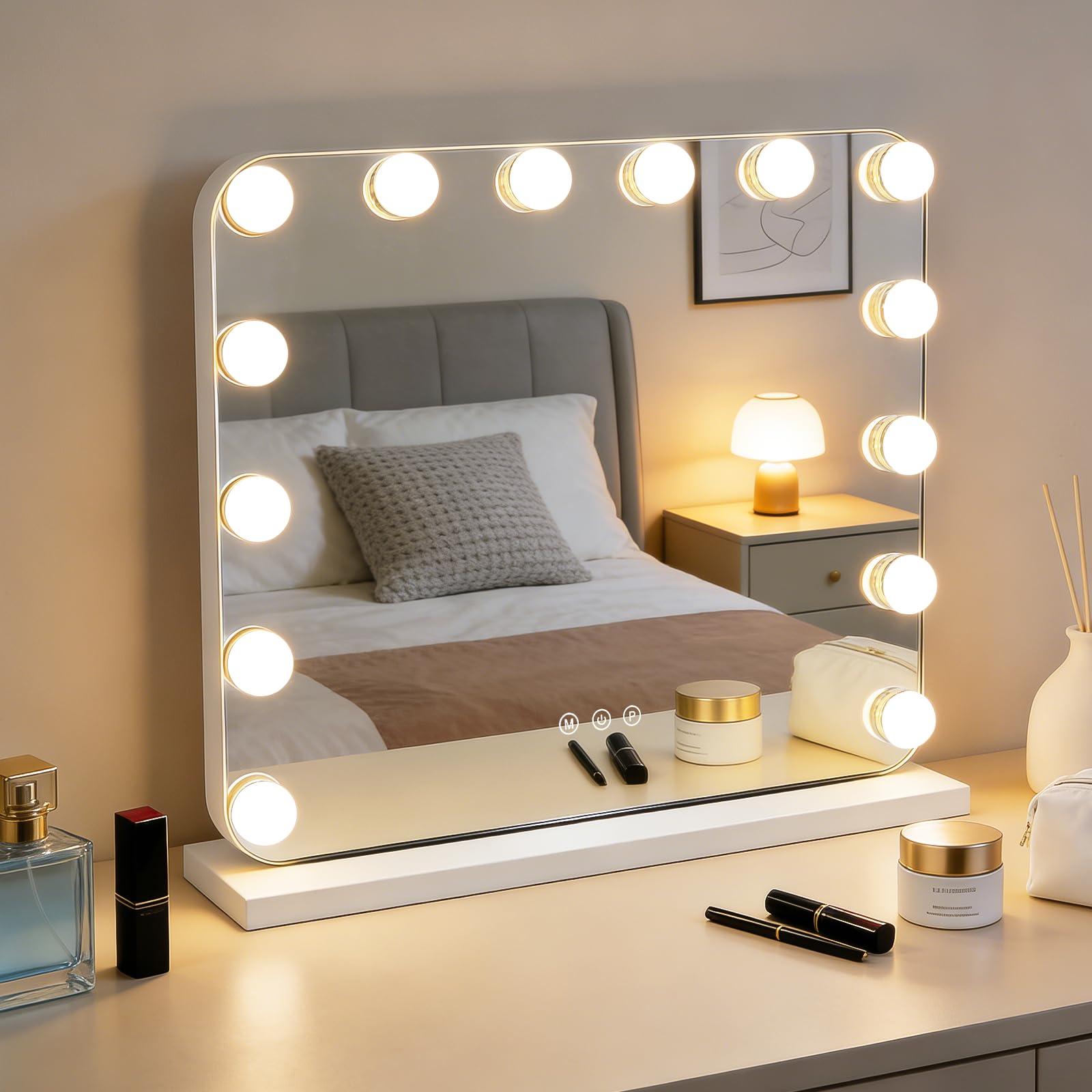 Hollywood Specchio da trucco con illuminazione – 50 x 40 cm LED Vanity Mirror piccolo specchio cosmetico con luce da tavolo, 3 modalità, touch dimmerabile