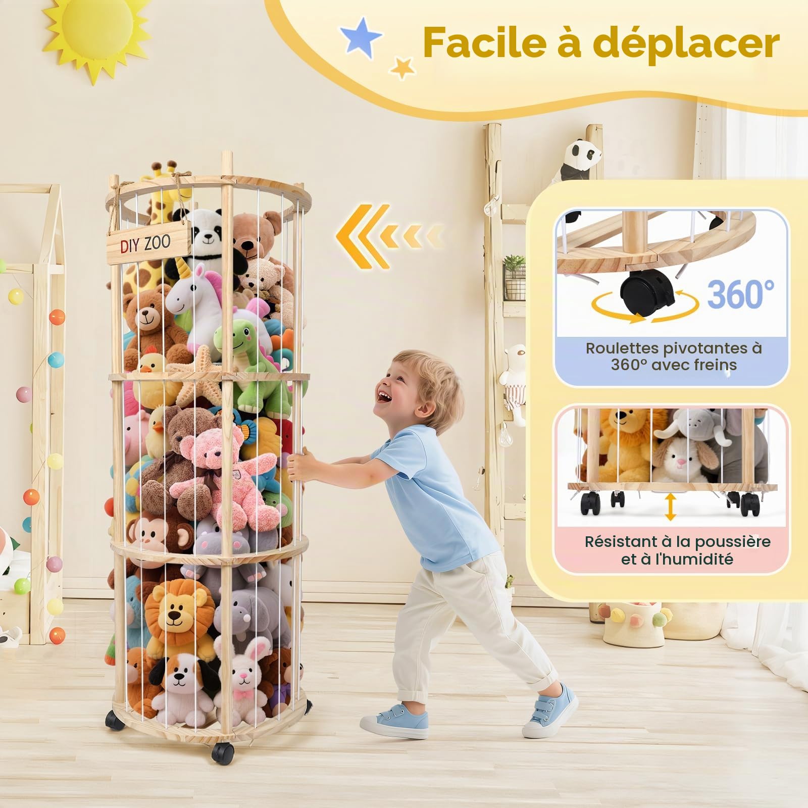 Rangement pour peluches, avec frein à 360°, roues équipées de freins à 360°, 130 x 48,2 x 30 cm, pour chambre d'enfant, salle de jeux, salon, etc. (rond)