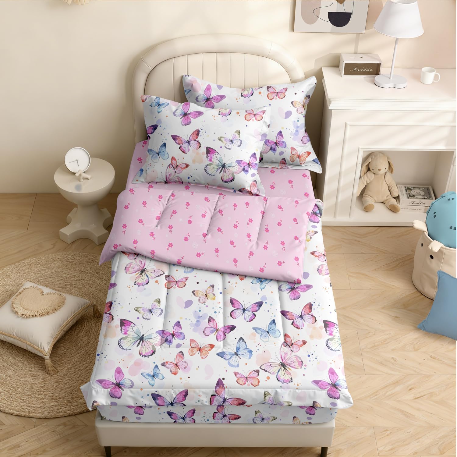 Kids Comforter Set,Zipper Bedding Twin for Girls,Butterfly Printed Comforter Set with Color Spots Fitted Sheets and Pillowcases for All Season(Butterfly)
