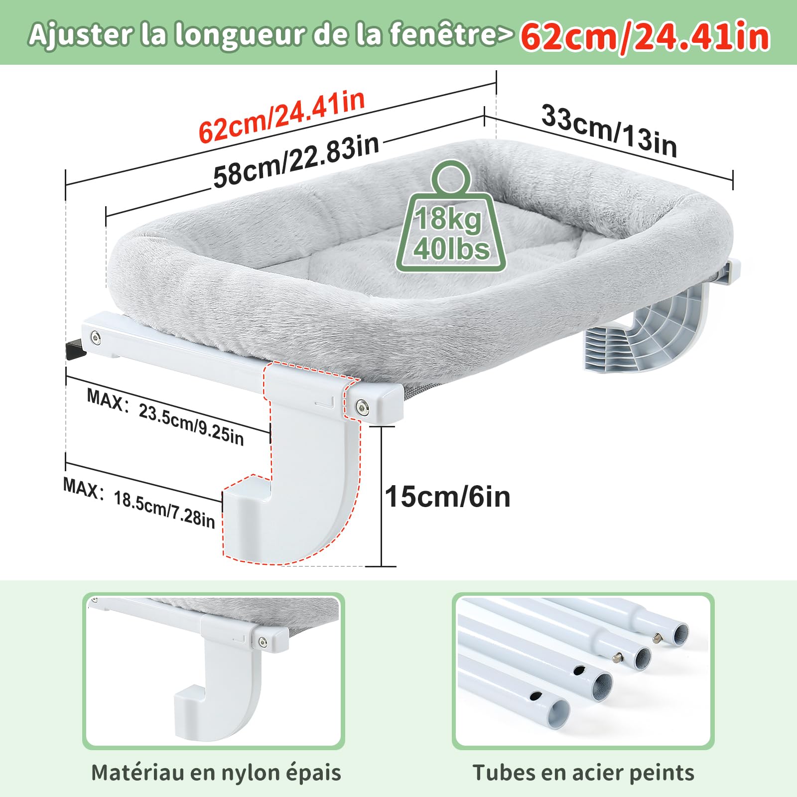GUUSII HOME Hamac pour Chat Fenetre Panier Suspendu Chats Perchoir Lit Radiateur Etagere Transat Balcon Robuste Pas de Ventouse Facile à Monter et à déplacer Jusqu'à 18kg (Gris,M)