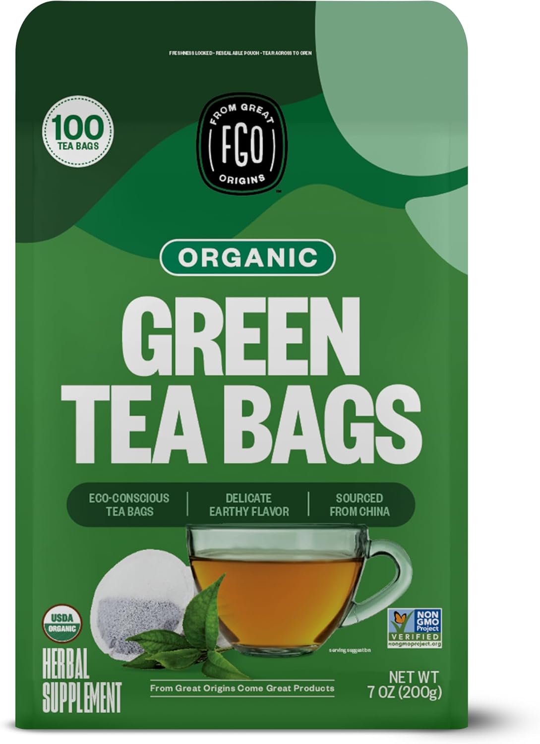 FGO Organic Green Tea, EcoConscious Tea Bags, 100 Count, Packaging May