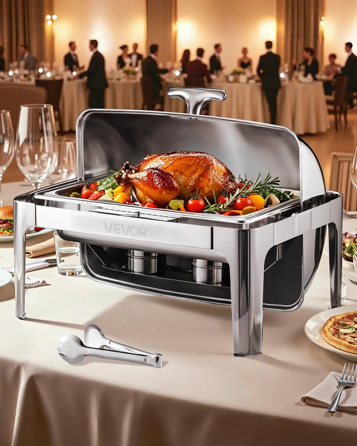 VEVOR Set di Scaldavivande 8,5 L Scaldavivande Rettangolare in Acciaio Inox, con Padella di Dimensioni Standard, Coperchio, Supporto Pieghevole per Acqua, Supporto per Carburante, Clip per Pasti