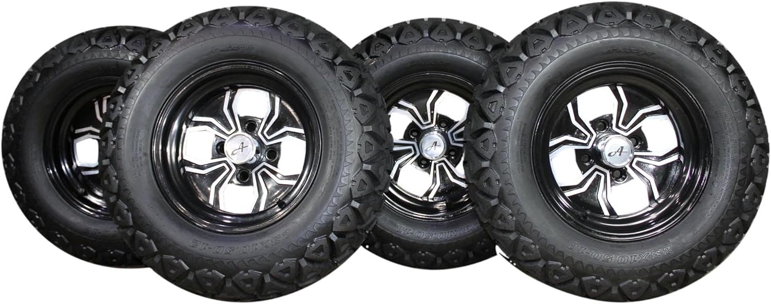 (Set of 4) 23x10.50-12 ATW-045 with 12x6 Black Fusion Aluminum Wheels for Golf/ATV/UTV