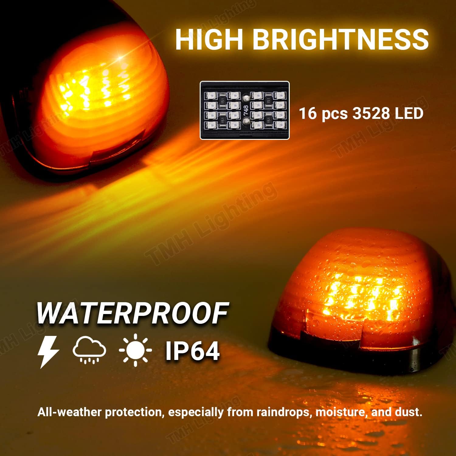 TMH 5 pcs 3.9 Inch Smoked Lens Amber Light with 16 LED Cab Top Roof Marker Lights for Super Duty Pickup 1999-2016 Ford E-150 E-250 E-350 Trailers Trucks Cab 12V DC