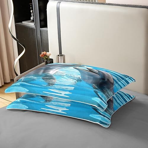 Miniatura 5 de Juego de ropa de cama 100% algodón para niños con delfín, linda funda de edredón con delfín, funda de edredón de vida marina, decoración de olas